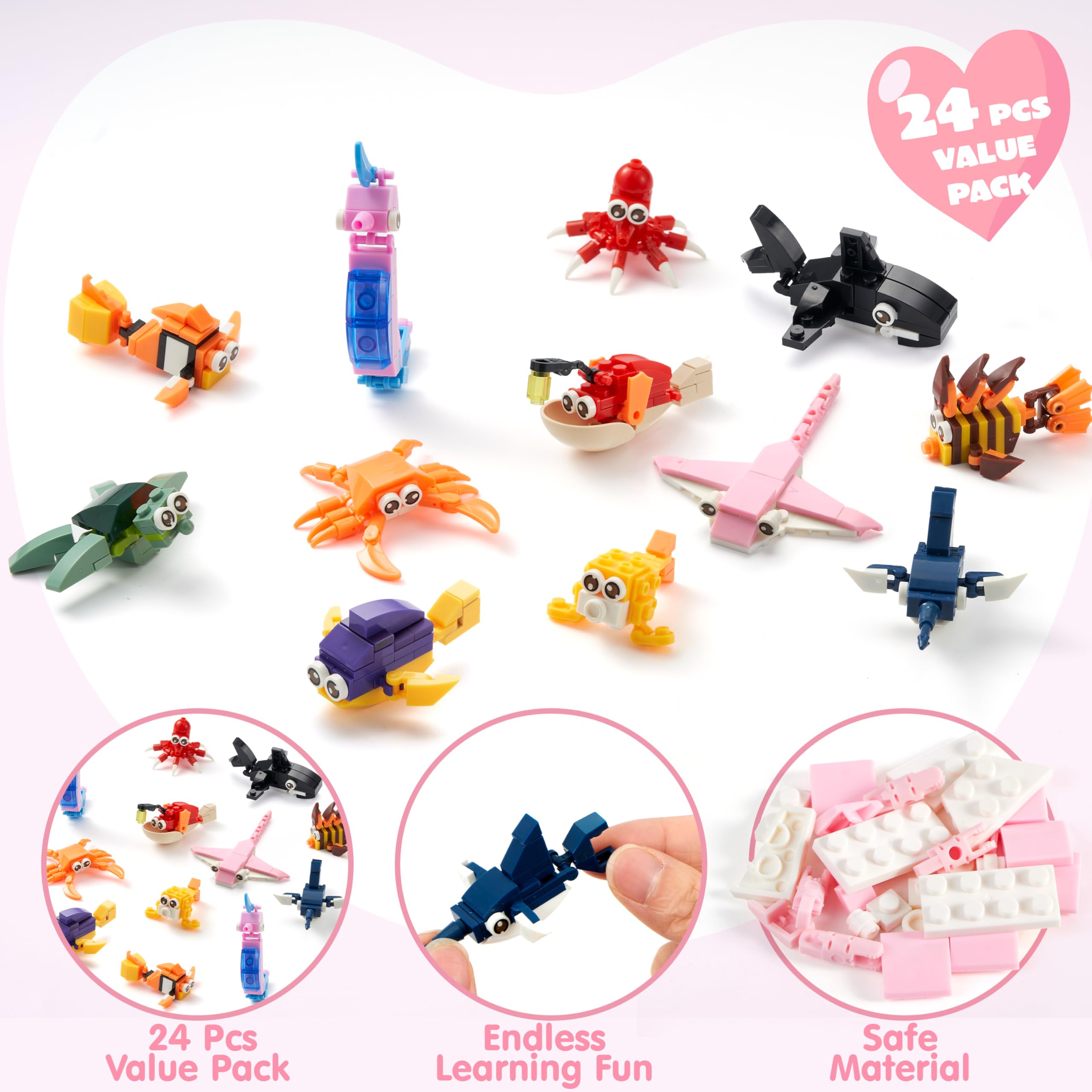 24 Packs Valentines Day Cards with Ocean Animal Building Block for Party Gifts - Image 3