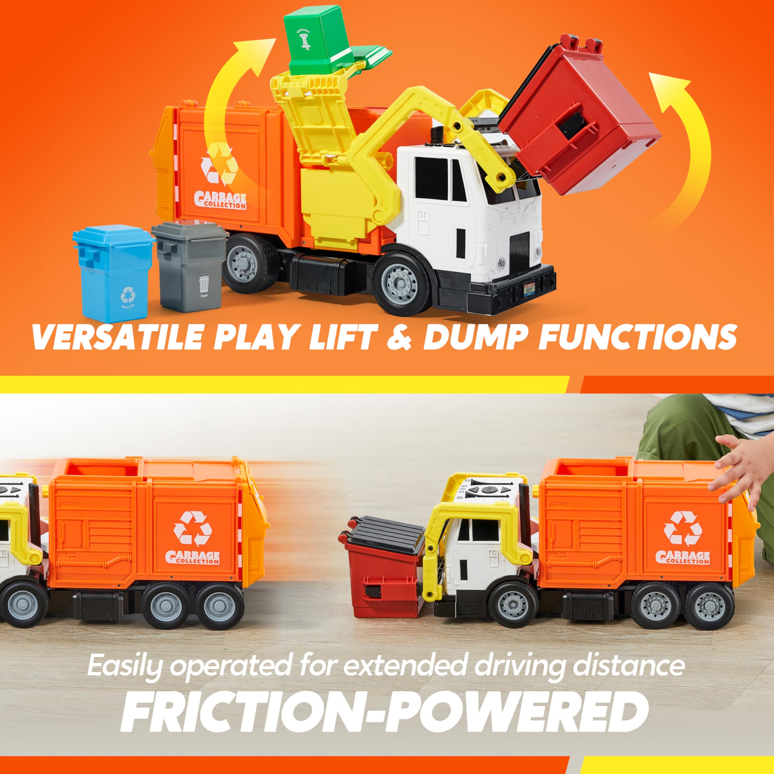 Large Friction Powered Garbage Truck Toy Set - Orange - Image 3