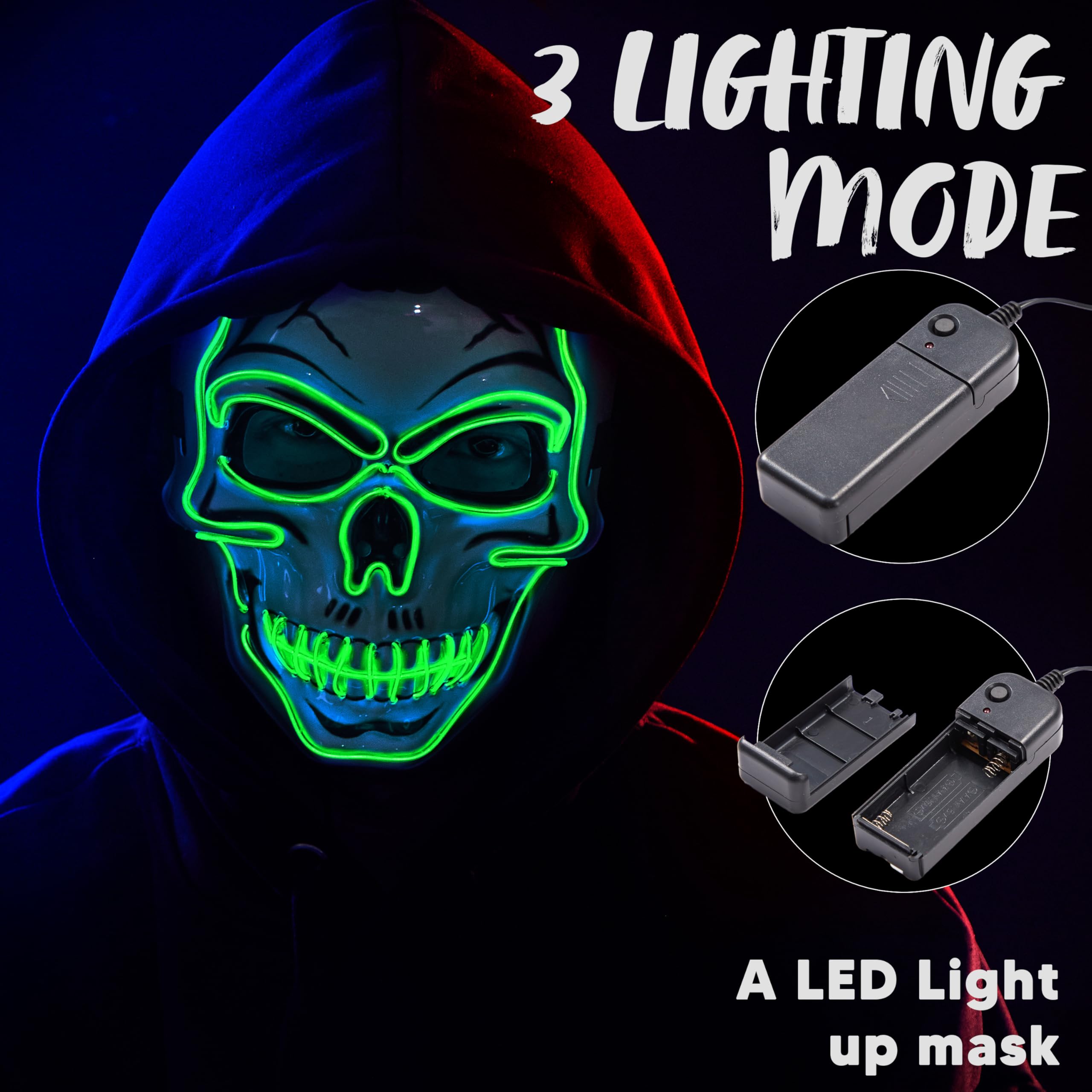 Halloween LED Skull Mask with Light Up Gloves, Green - Image 3