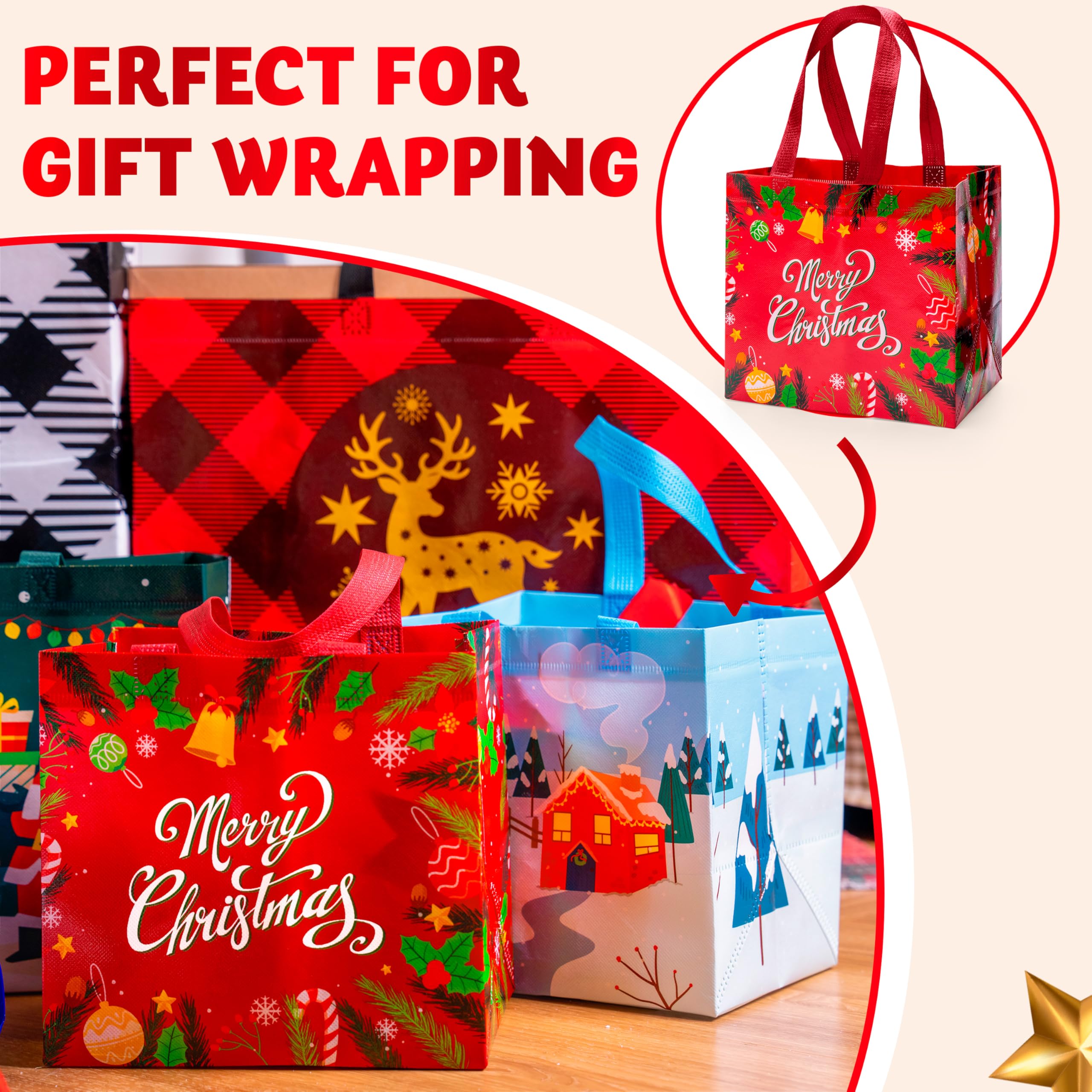 20 PCS Christmas Reusable Gift Bags Assorted Sizes with Handle - Image 3