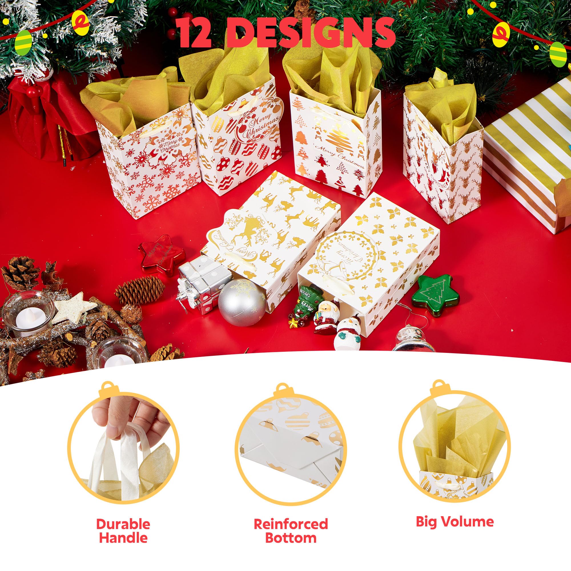 12 PCS Christmas Foil Gold Gift Bags with Tissue Papers and Name Card Tags - Image 3
