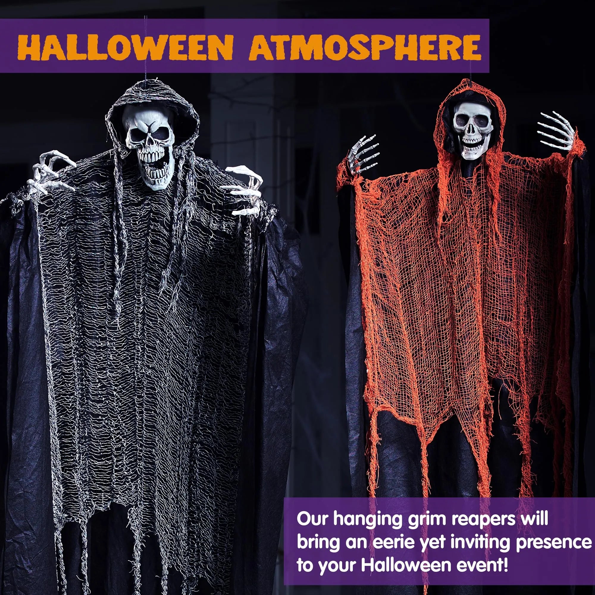 3 Pcs Halloween Hanging Grim Reapers, one 67in Two 47in Grim Reapers - Image 3