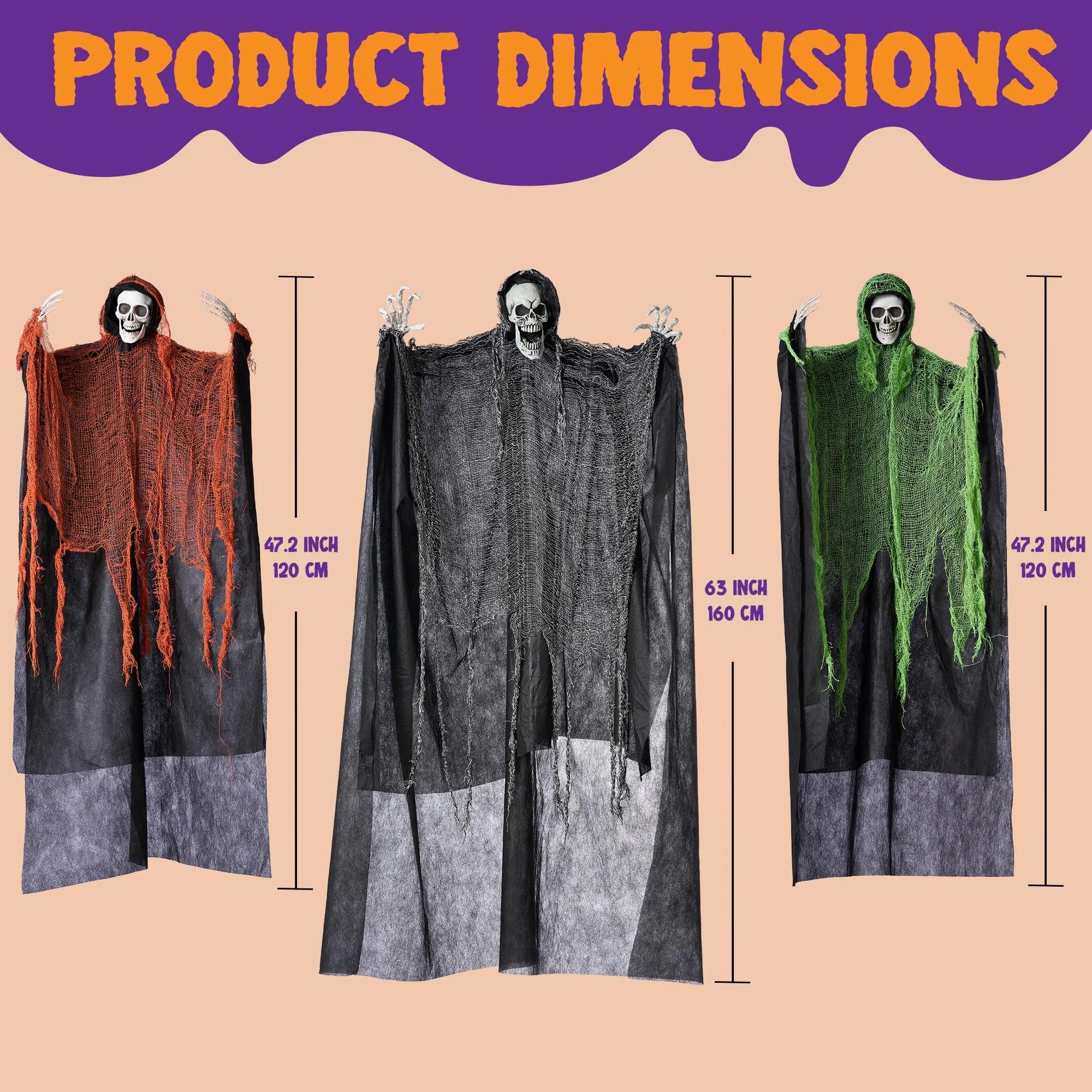 3 Pcs Halloween Hanging Grim Reapers, one 67in Two 47in Grim Reapers - Image 5