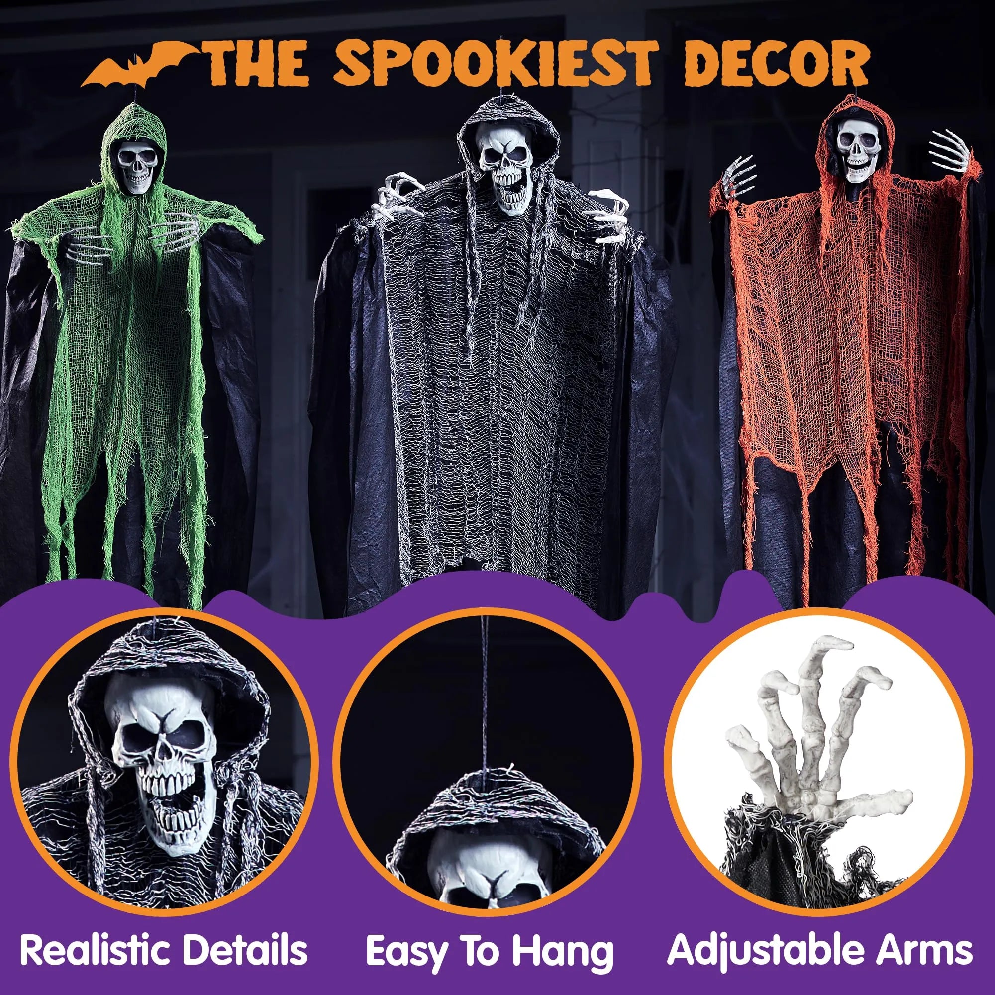 3 Pcs Halloween Hanging Grim Reapers, one 67in Two 47in Grim Reapers - Image 4