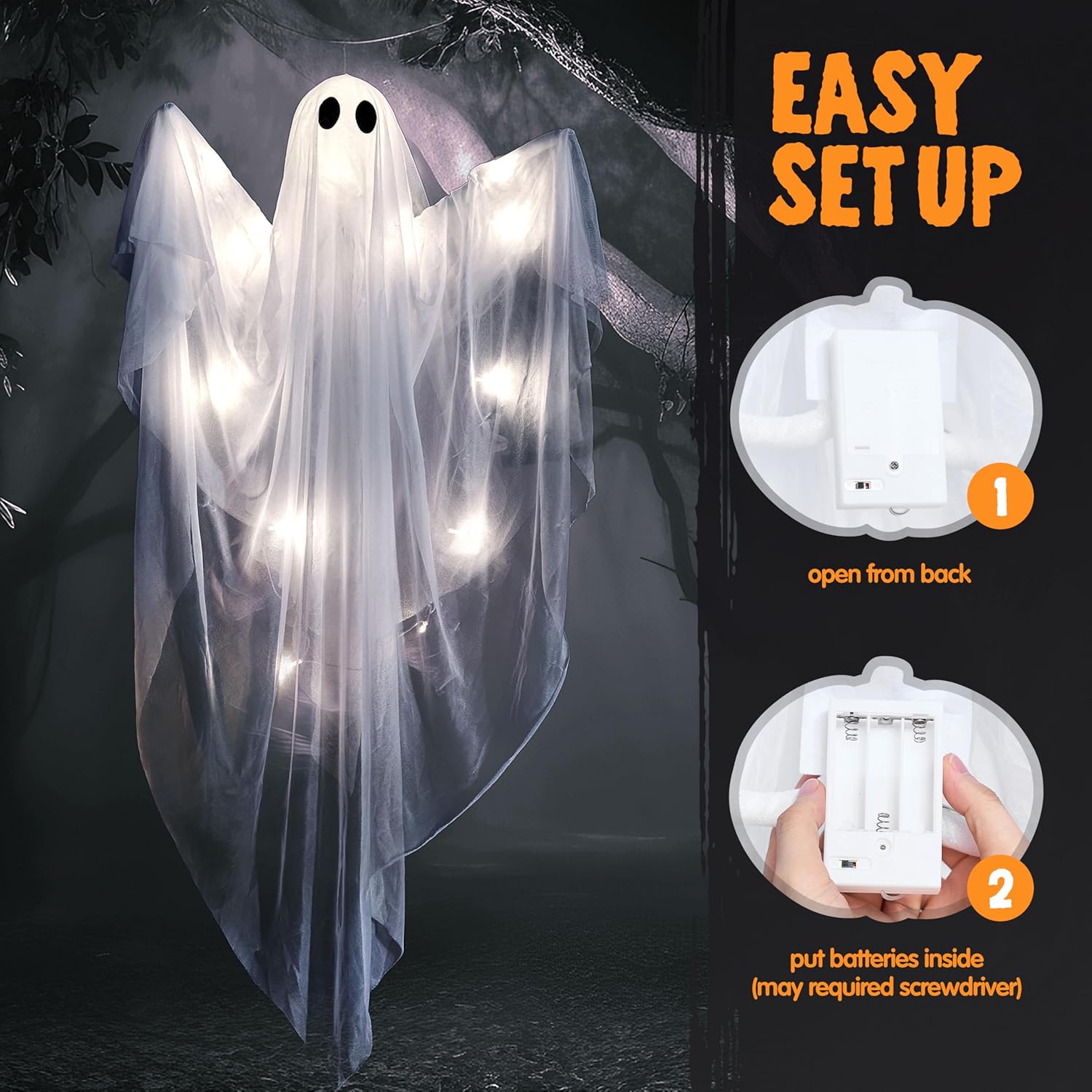 47” Halloween Hanging Light up Ghost with Spooky White LED Light - Image 3