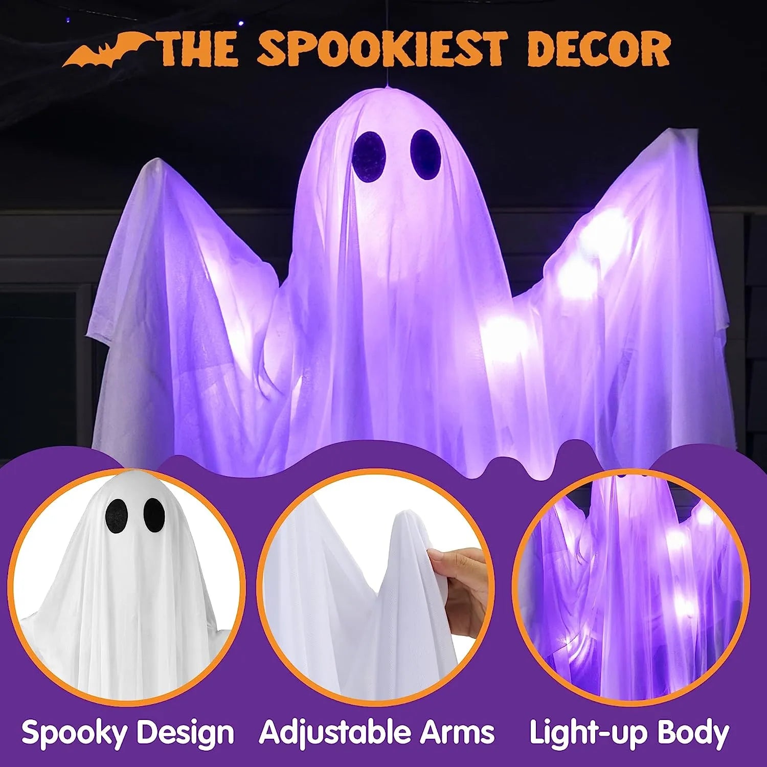 47in Halloween Hanging Spooky Purple LED Light Ghost - Image 3