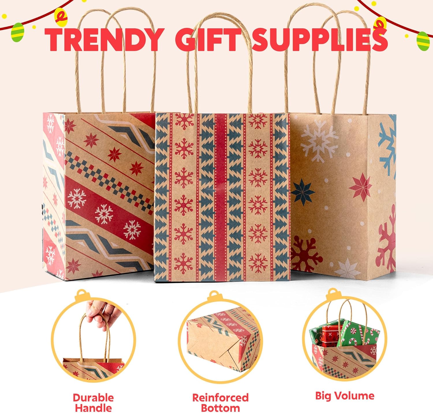 24 PCS Christmas Kraft Gift Bags with Handles - Image 4