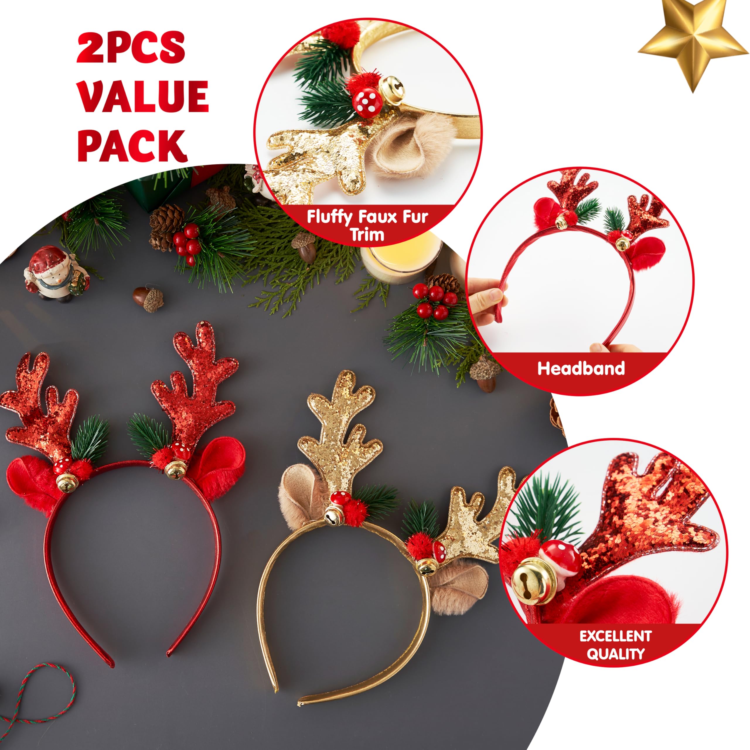 2 Pcs Golden & Red Reindeer Headbands with Glitters - Image 4