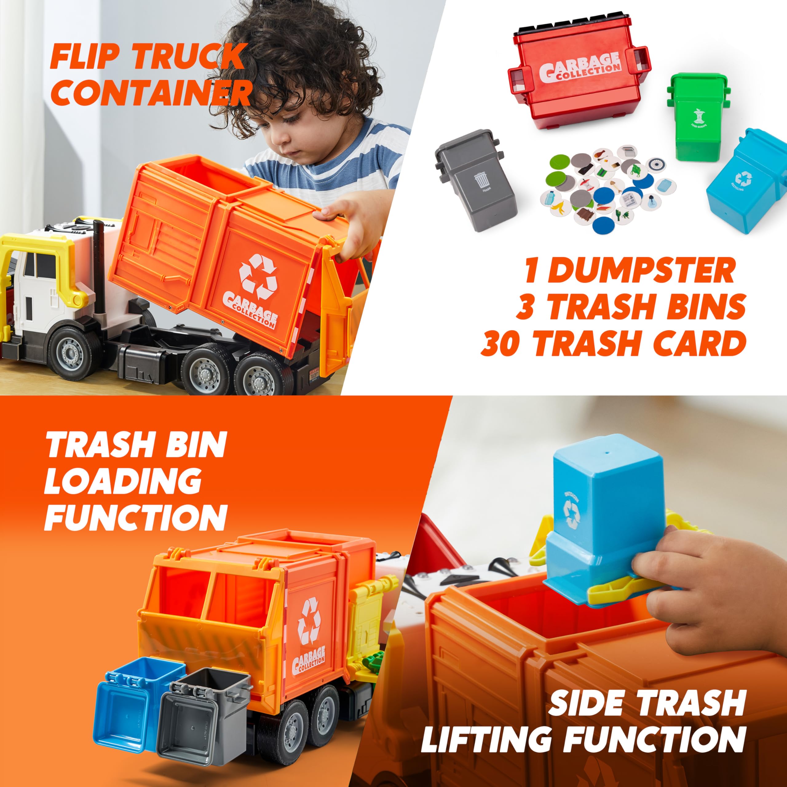 Large Friction Powered Garbage Truck Toy Set - Orange - Image 4