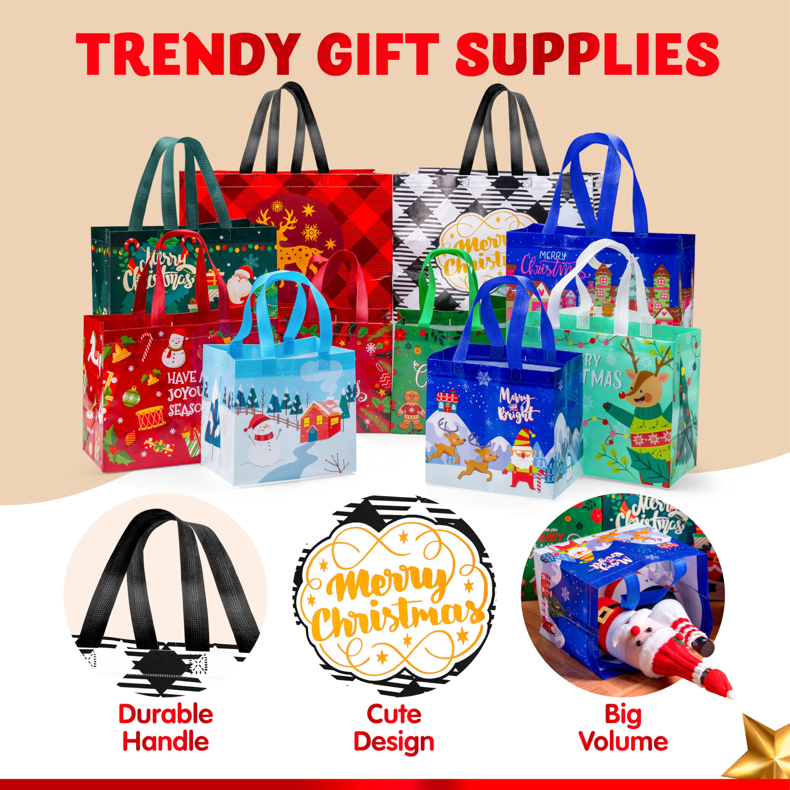 20 PCS Christmas Reusable Gift Bags Assorted Sizes with Handle - Image 4