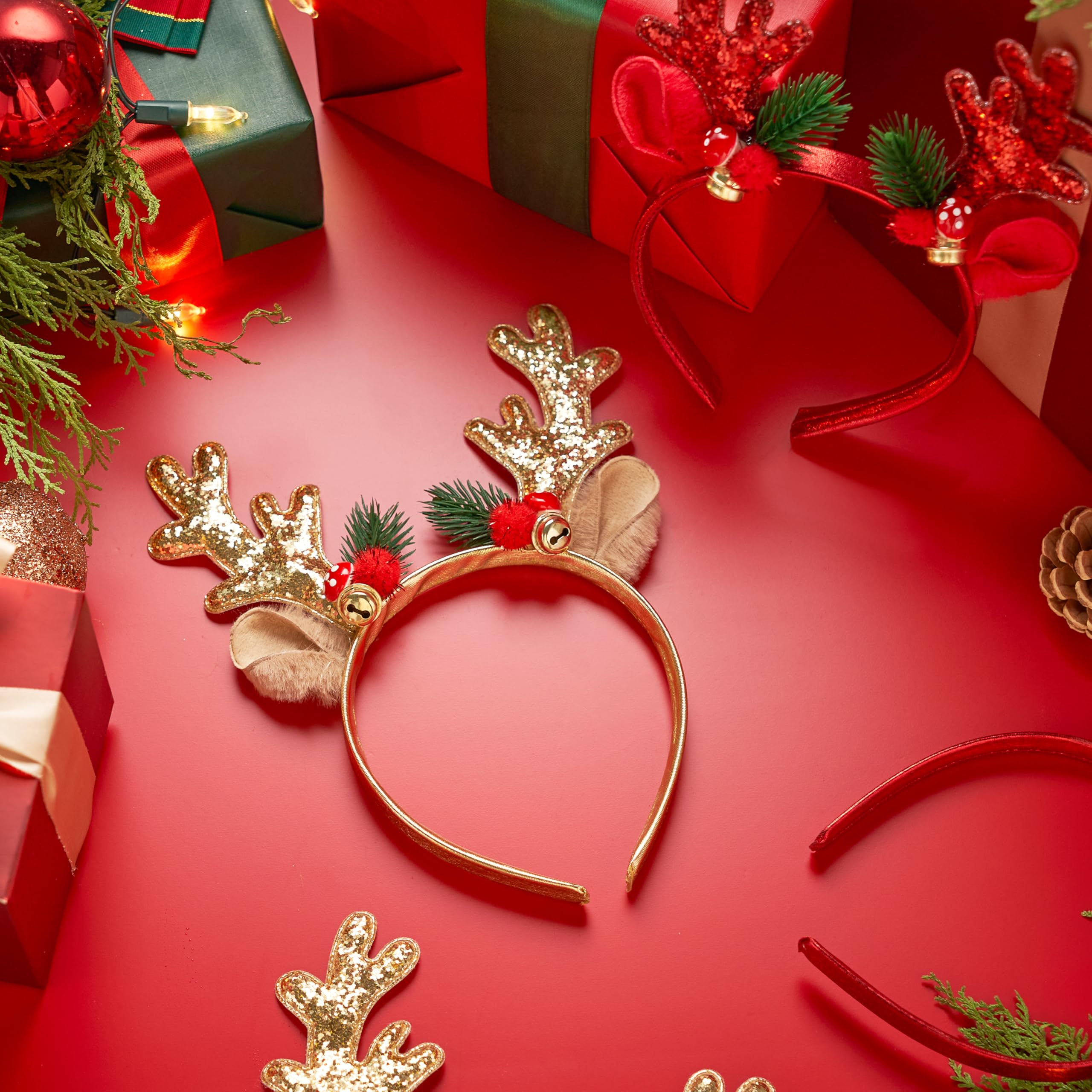 2 Pcs Golden & Red Reindeer Headbands with Glitters - Image 5