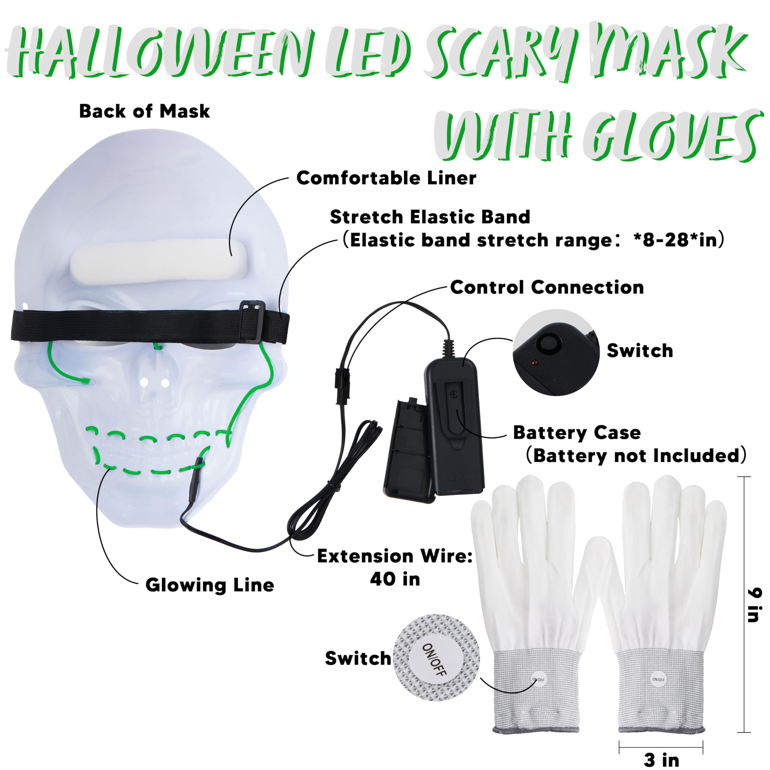 Halloween LED Skull Mask with Light Up Gloves, Green - Image 5