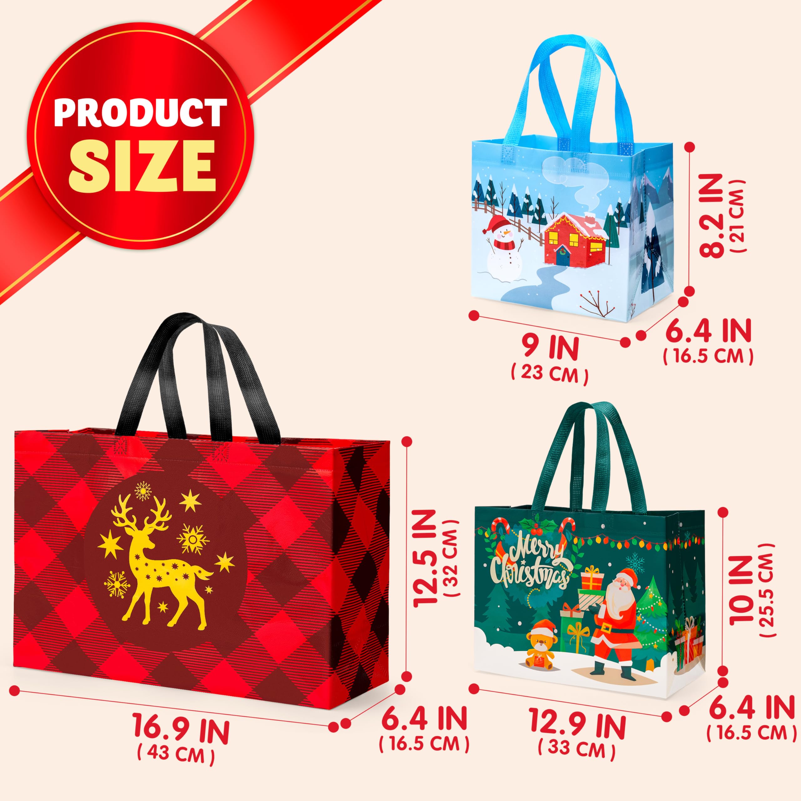 20 PCS Christmas Reusable Gift Bags Assorted Sizes with Handle - Image 5