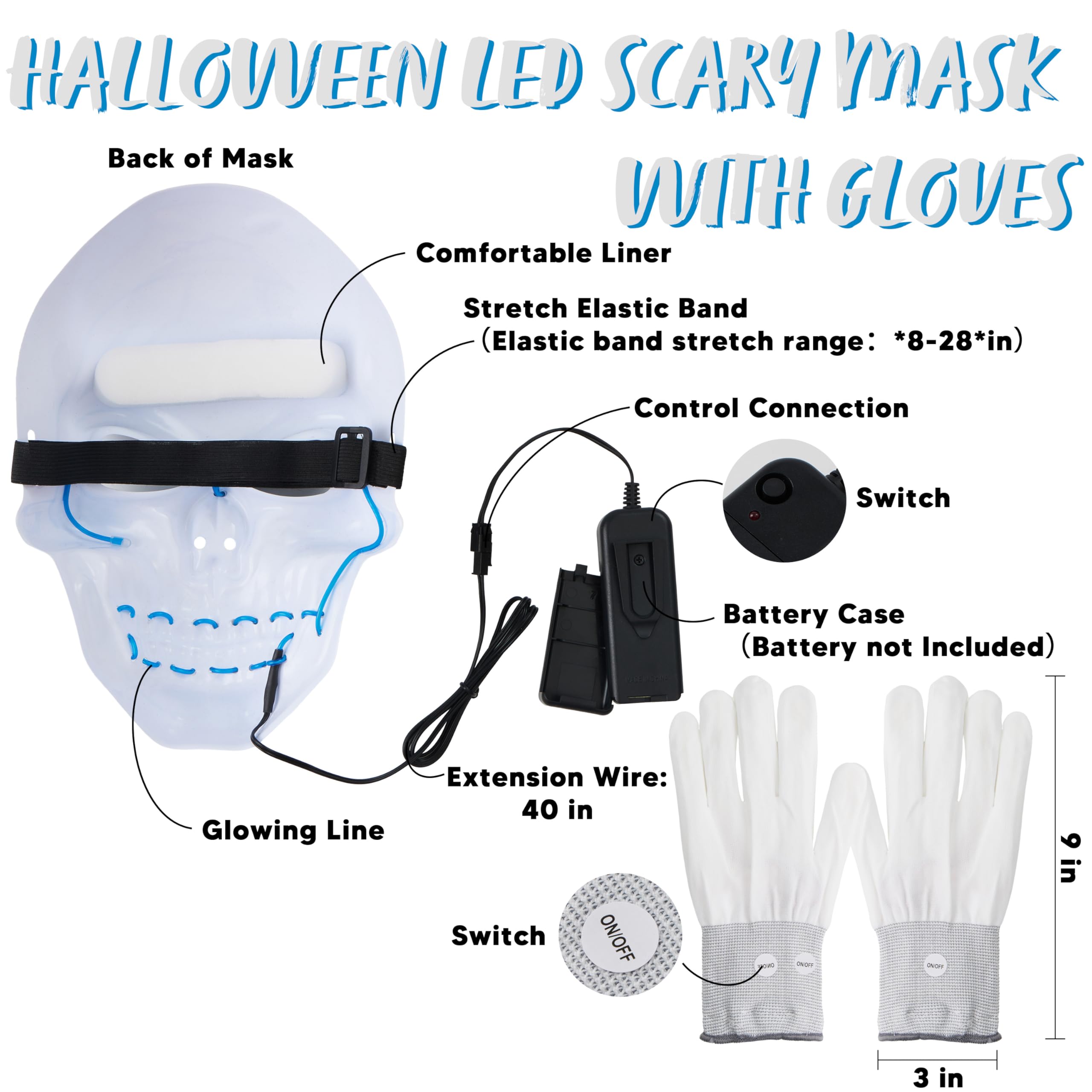 Halloween LED Skull Mask with Light Up Gloves, Blue - Image 5
