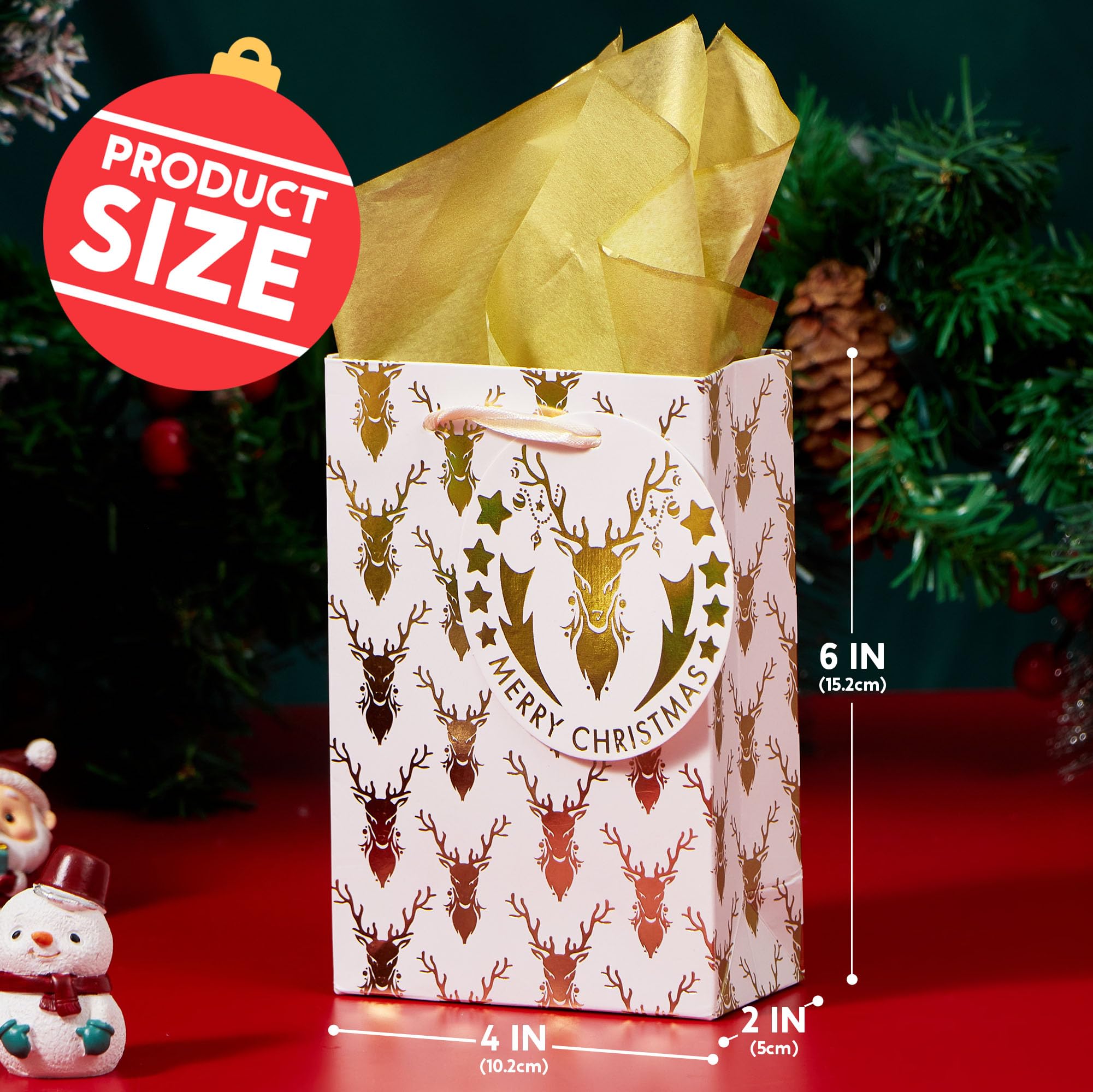 12 PCS Christmas Foil Gold Gift Bags with Tissue Papers and Name Card Tags - Image 5