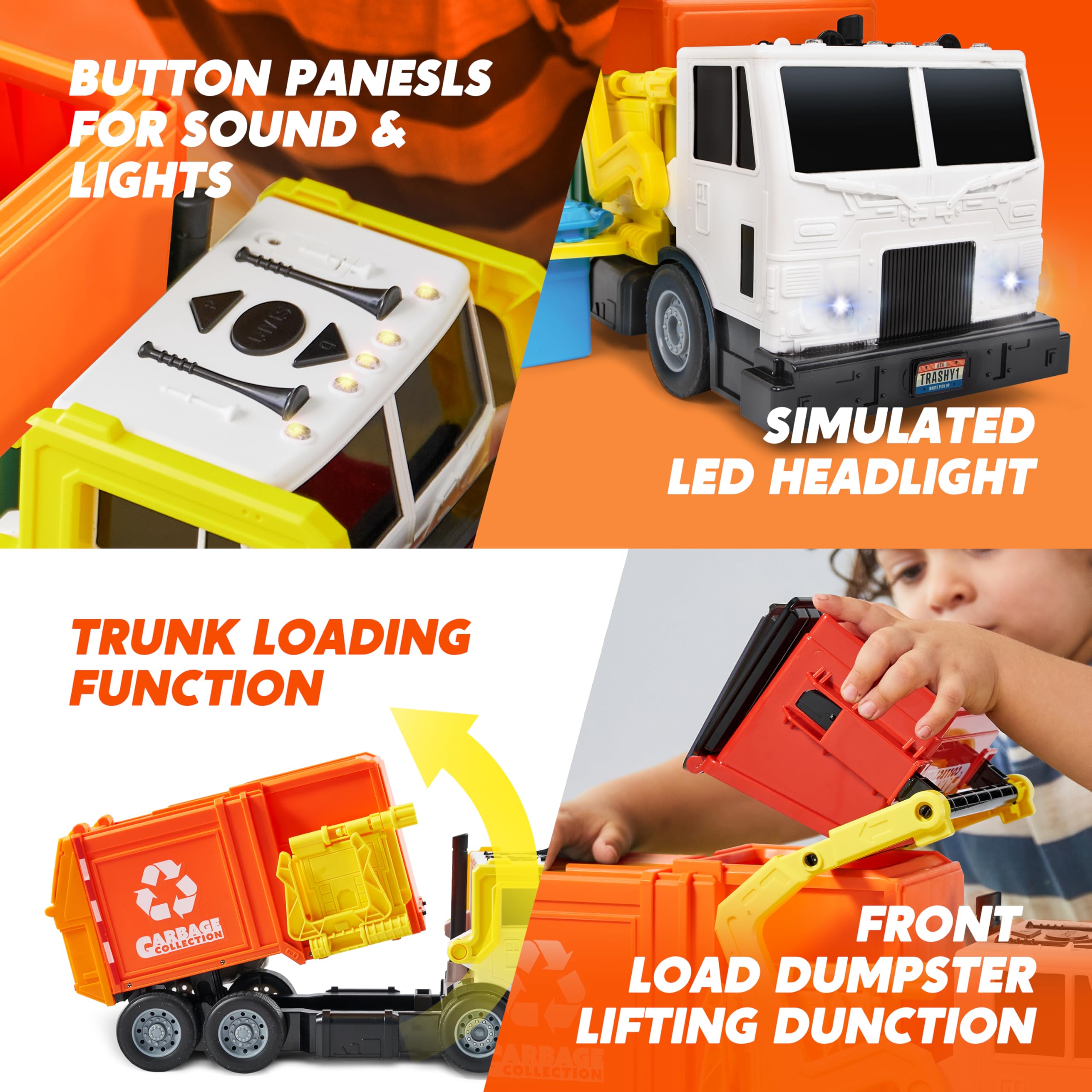 Large Friction Powered Garbage Truck Toy Set - Orange - Image 5