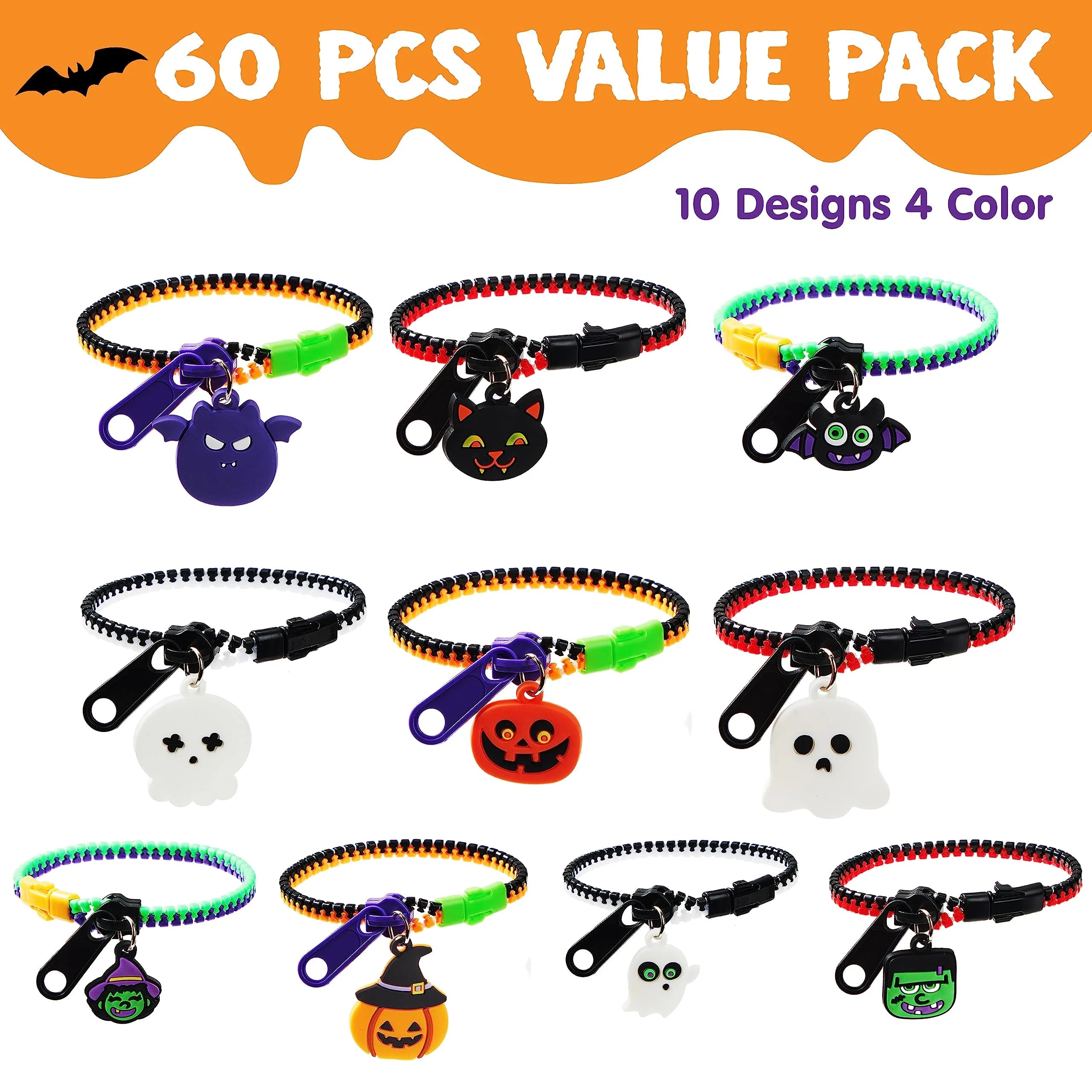60 PCS Halloween Zipper Bracelets Bulk Set, Zipper Wristbands Party Favors for Kids - Image 2