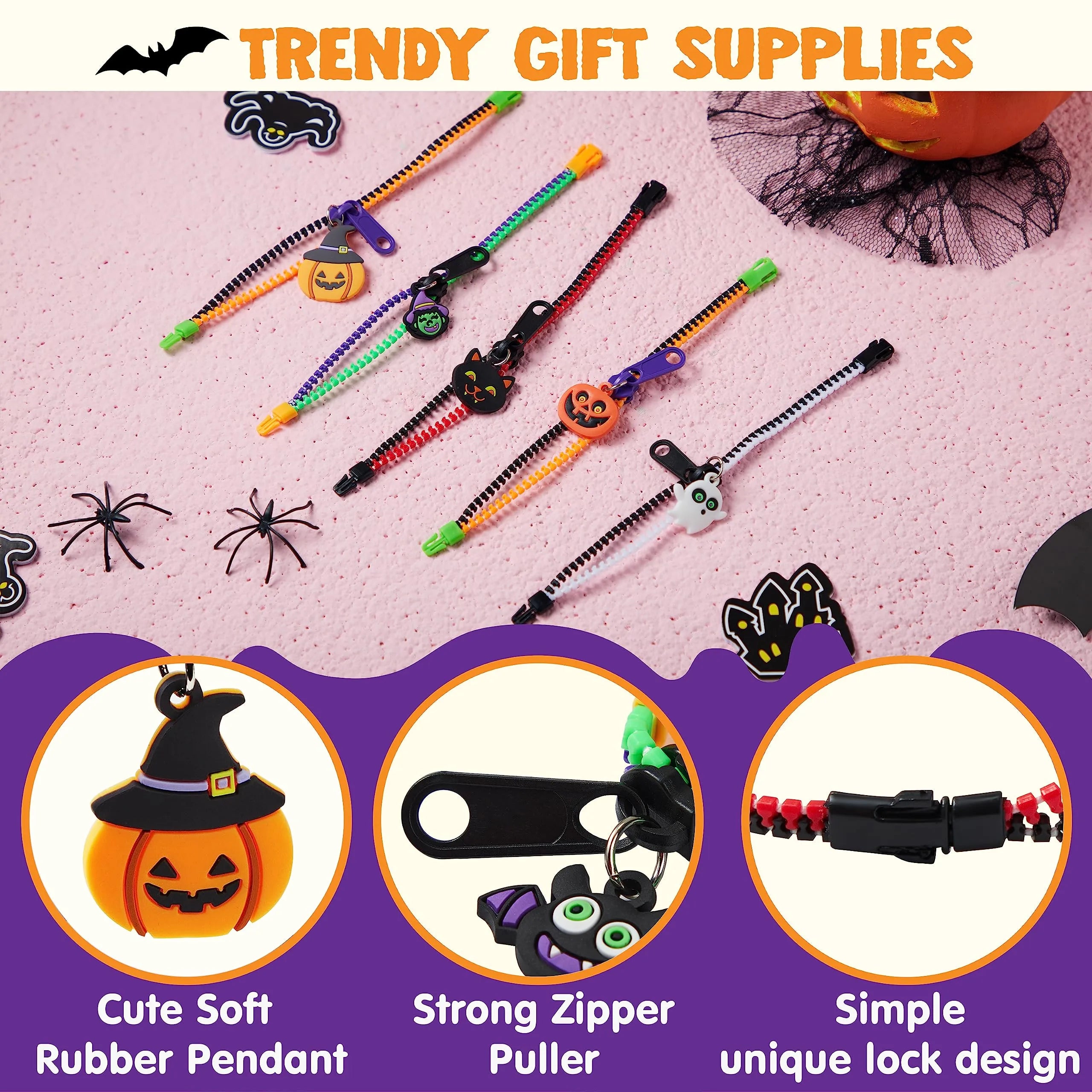 60 PCS Halloween Zipper Bracelets Bulk Set, Zipper Wristbands Party Favors for Kids - Image 3