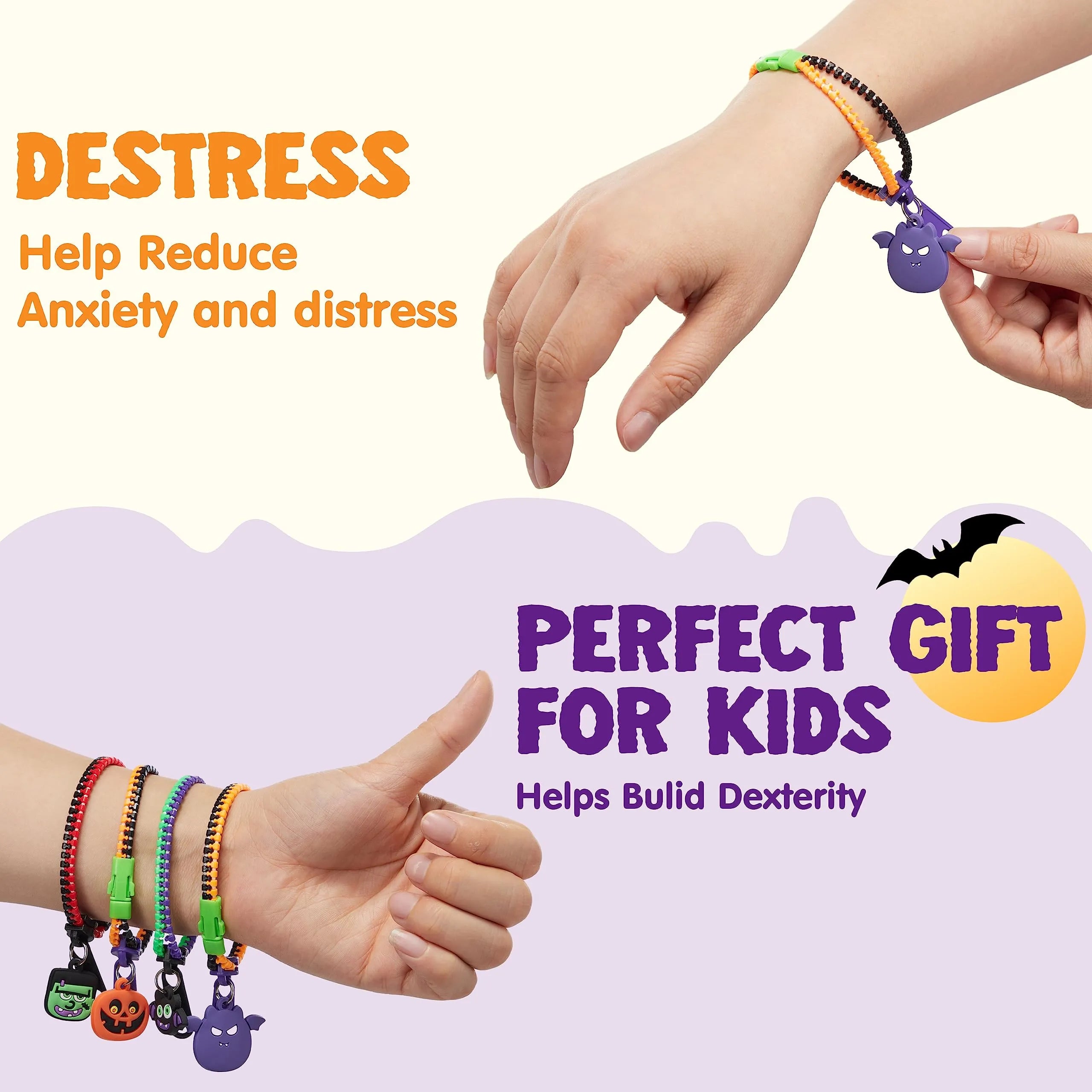 60 PCS Halloween Zipper Bracelets Bulk Set, Zipper Wristbands Party Favors for Kids - Image 4