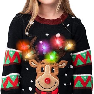 Kid Reindeer Ugly Black Sweater with Light Bulbs