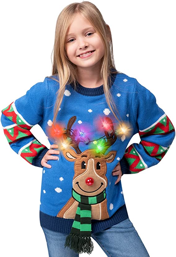 Kid Reindeer Ugly Blue Sweater with Light Bulbs - Image 4