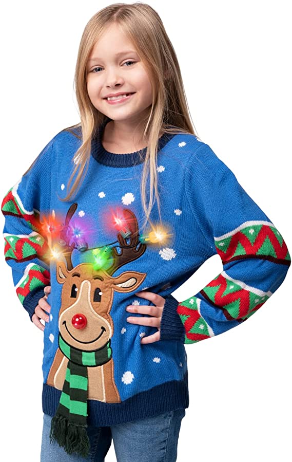 Kid Reindeer Ugly Blue Sweater with Light Bulbs - Image 2