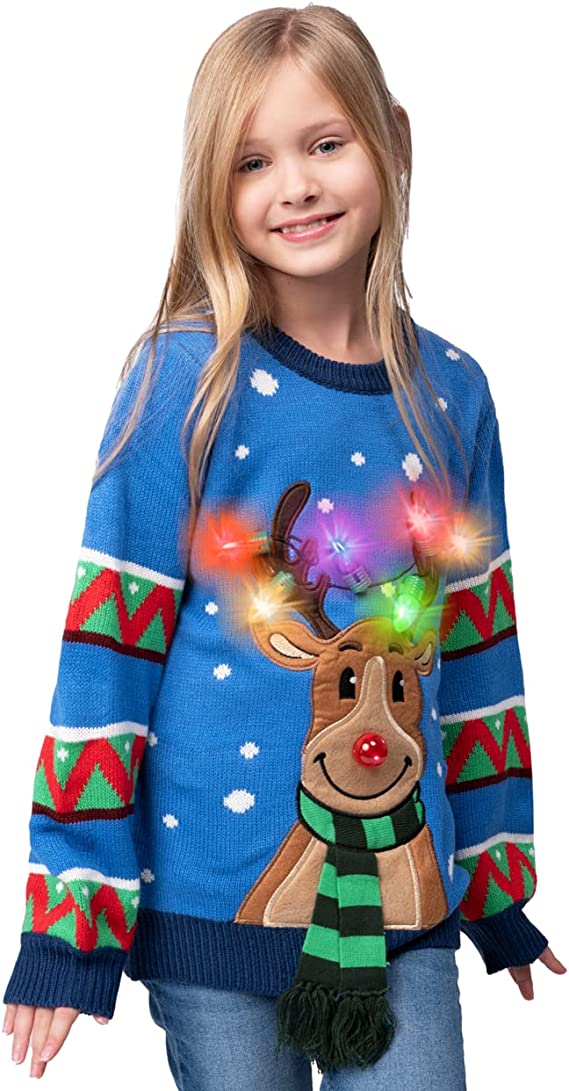 Kid Reindeer Ugly Blue Sweater with Light Bulbs - Image 6