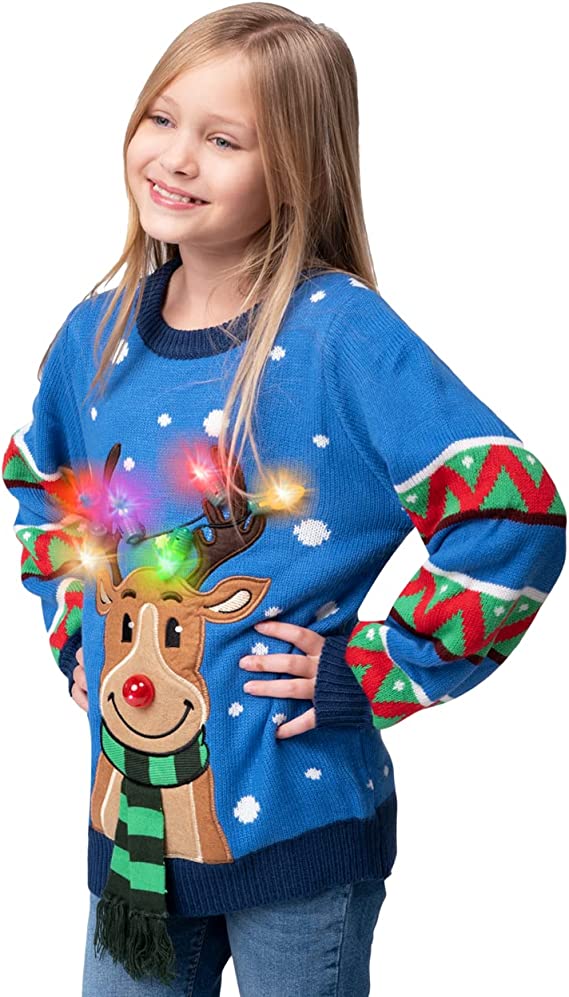 Kid Reindeer Ugly Blue Sweater with Light Bulbs - Image 3