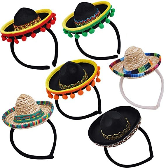 6 Piece Cinco De Mayo Fiesta Fabric And Straw Sombrero Headbands