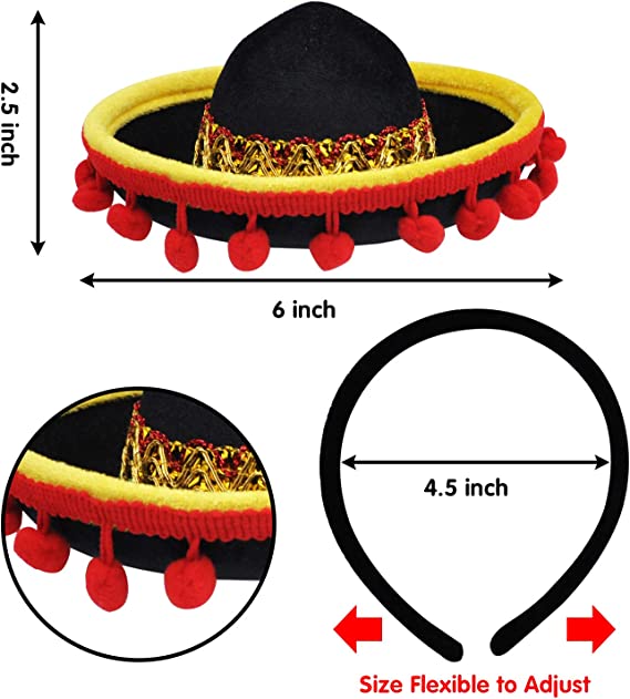 6 Piece Cinco De Mayo Fiesta Fabric And Straw Sombrero Headbands - Image 3