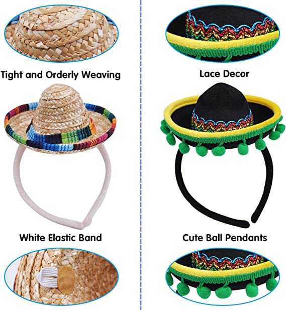 6 Piece Cinco De Mayo Fiesta Fabric And Straw Sombrero Headbands - Image 4