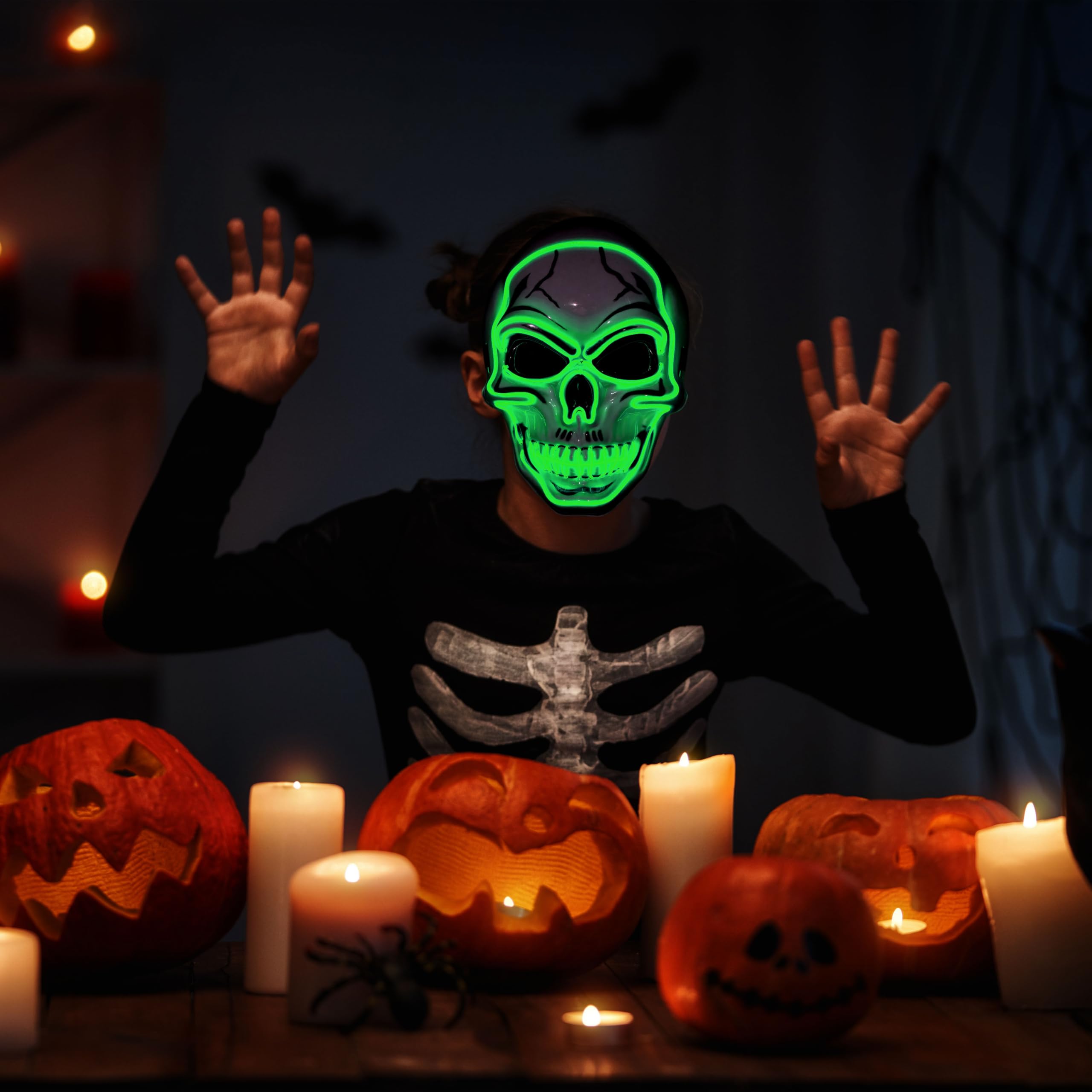 Halloween LED Skull Mask with Light Up Gloves, Green - Image 6