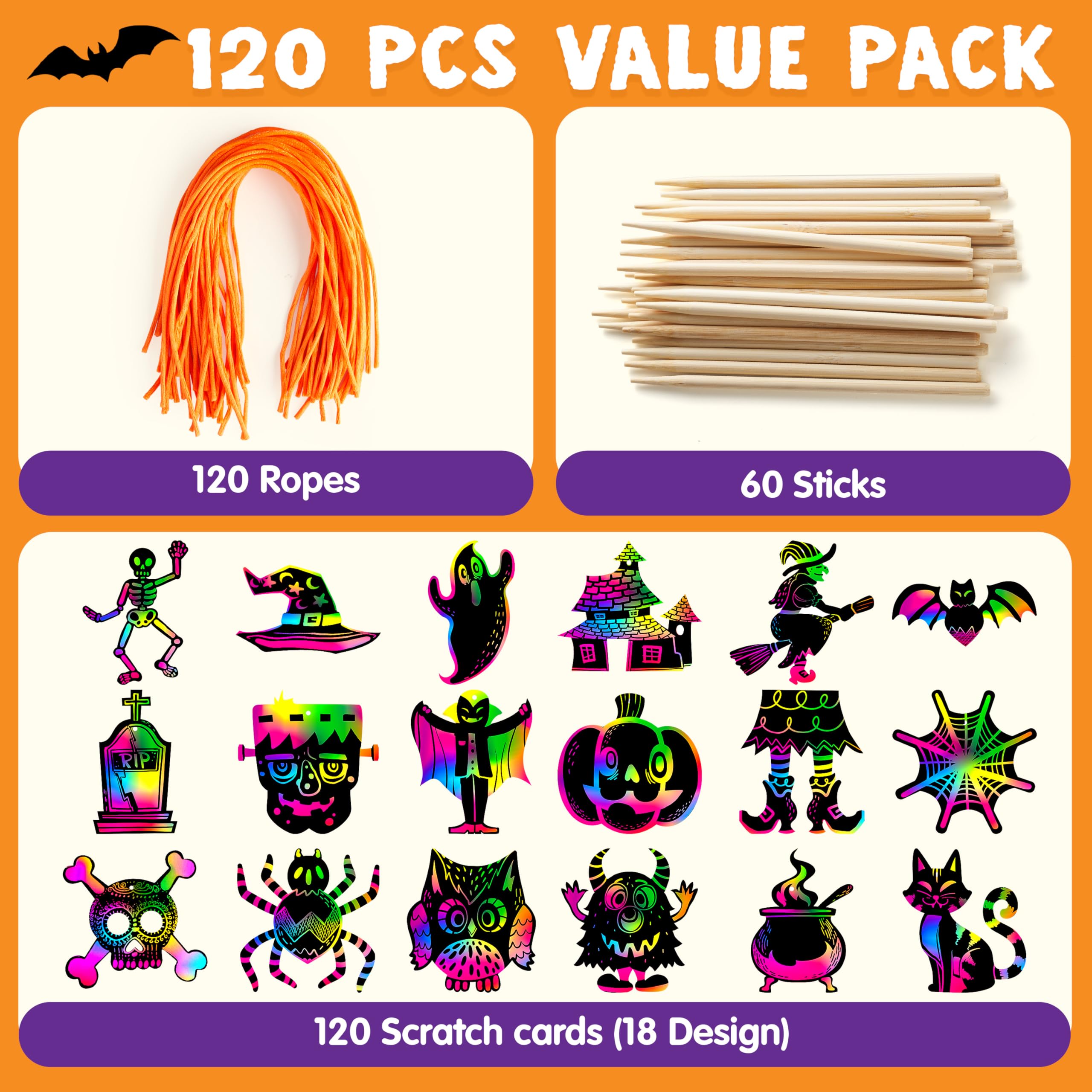 120 Pcs Halloween Rainbow Scratch Art Crafts for Kid - Image 6