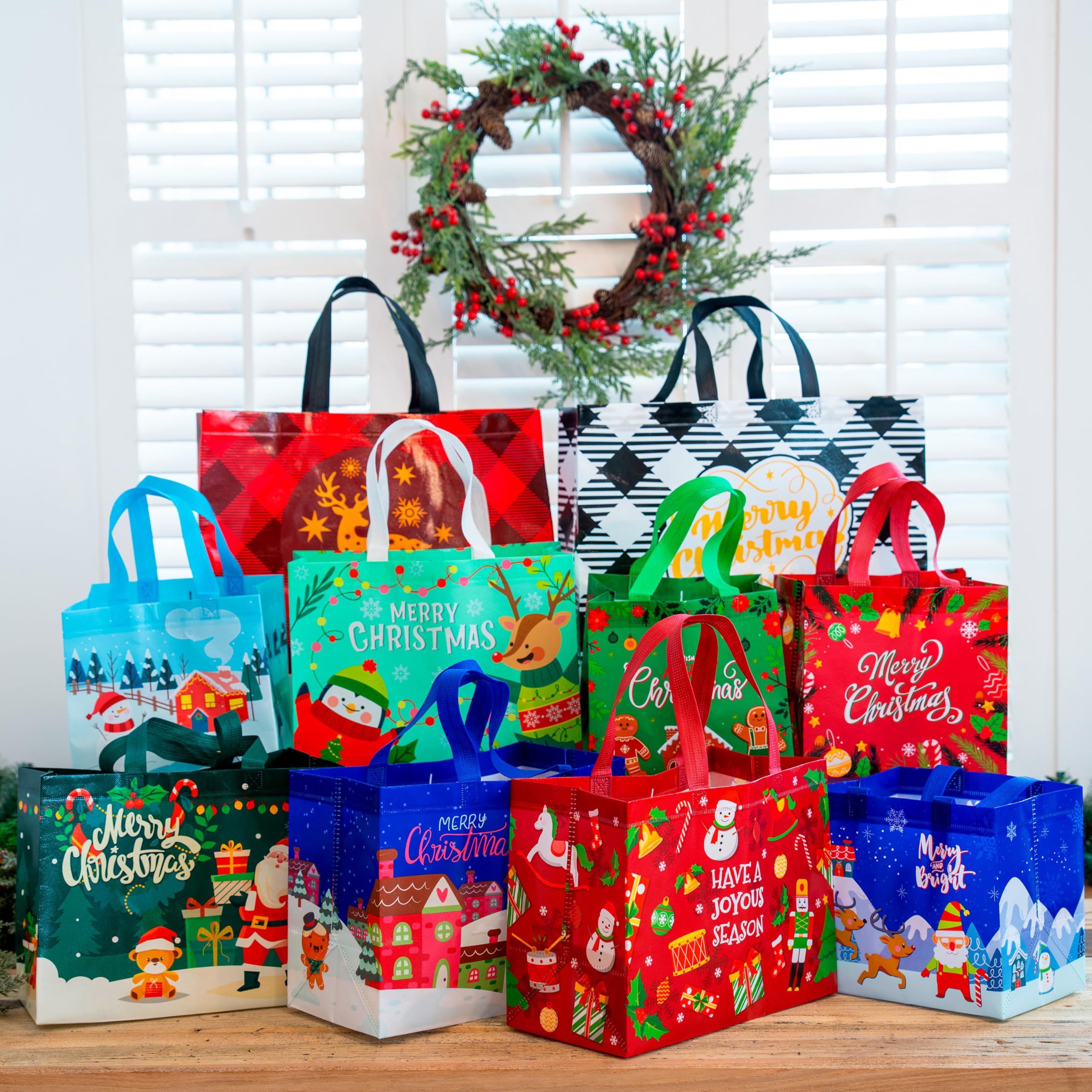 20 PCS Christmas Reusable Gift Bags Assorted Sizes with Handle - Image 6