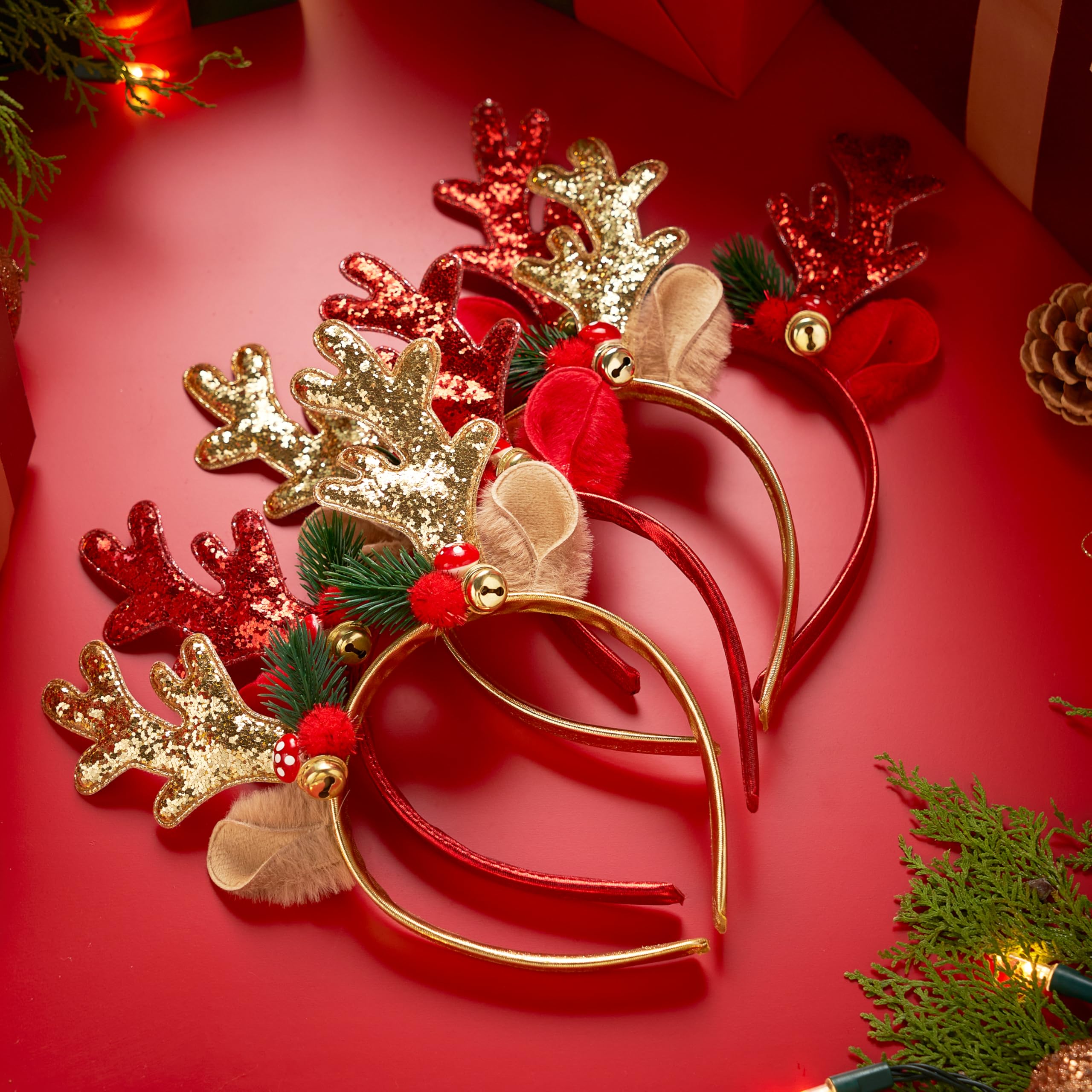 2 Pcs Golden & Red Reindeer Headbands with Glitters - Image 6