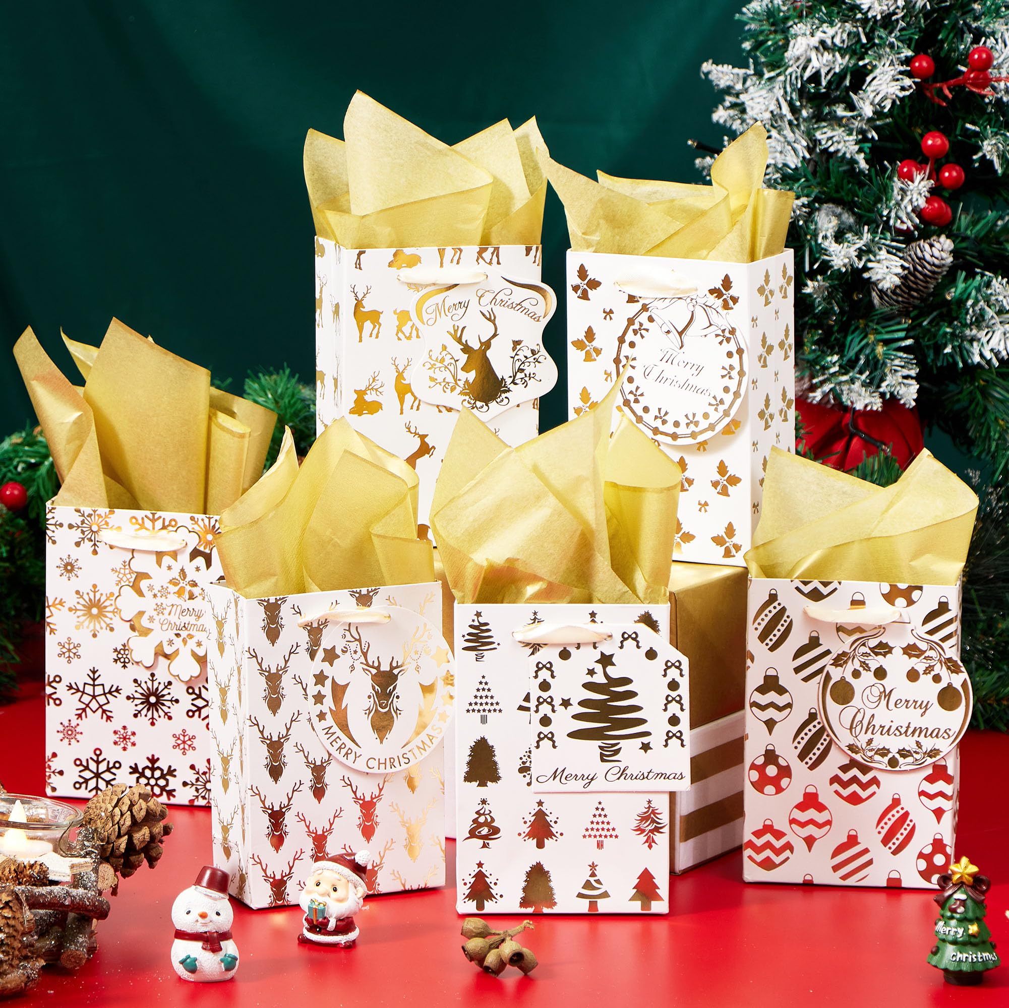 12 PCS Christmas Foil Gold Gift Bags with Tissue Papers and Name Card Tags - Image 6
