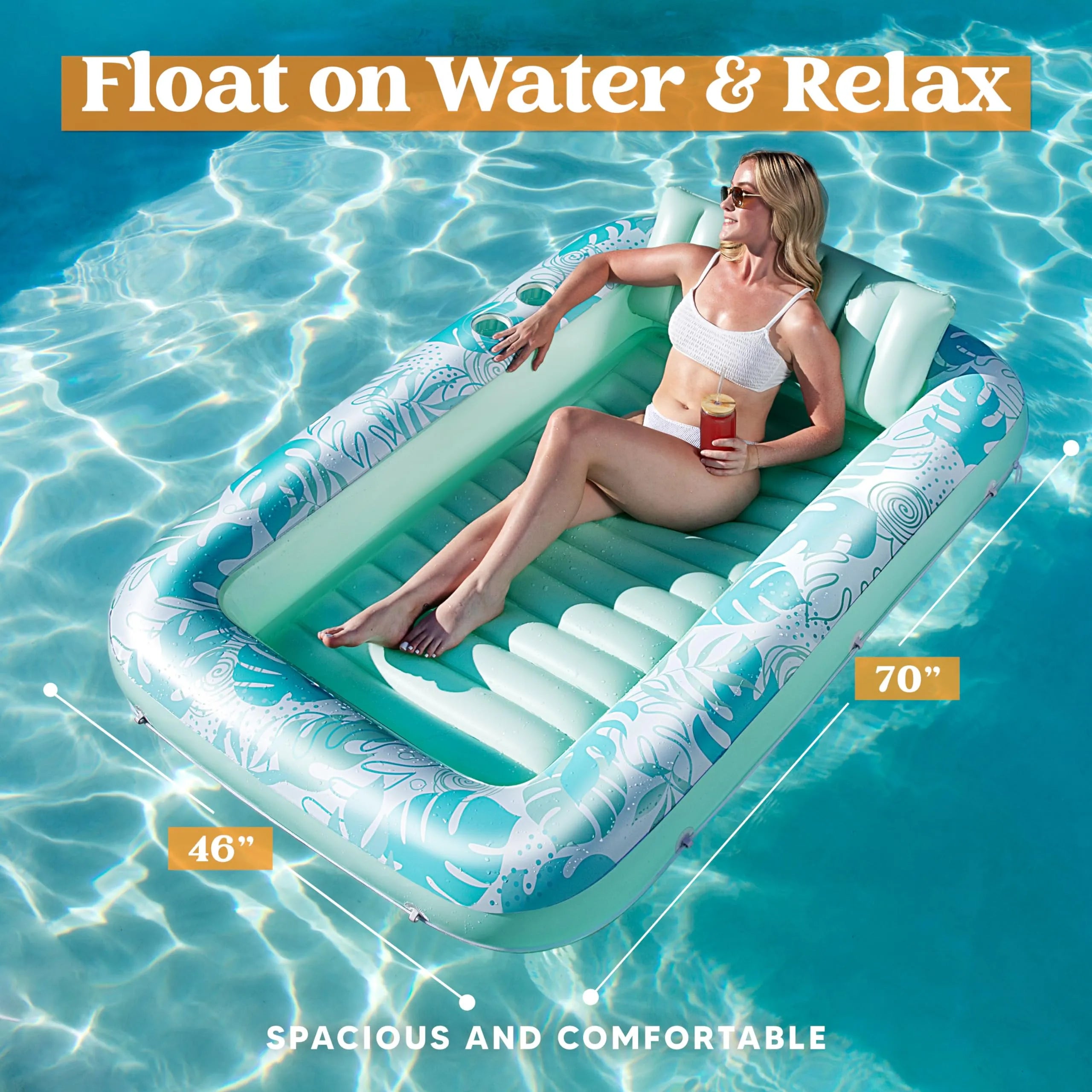 70in x 46in Cyan White Large Suntan Tub Pool Floats Sun Tan Tub - Image 7
