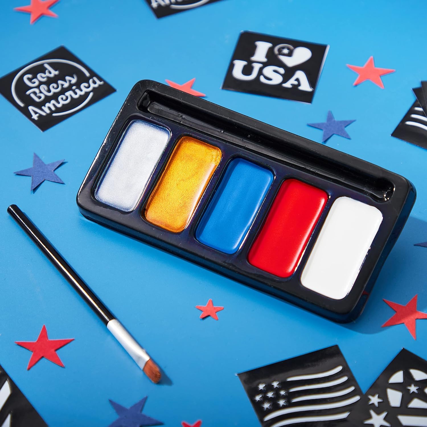 JOYIN 5 Colors Patriotic Face Body Paint Kit with Glitter and 16 Pcs Stencils Sticker for Kids, 4th of July Face Paint Red White Blue Make Up for Independence Day, Memorial Day Party, Veterans Day - Image 2