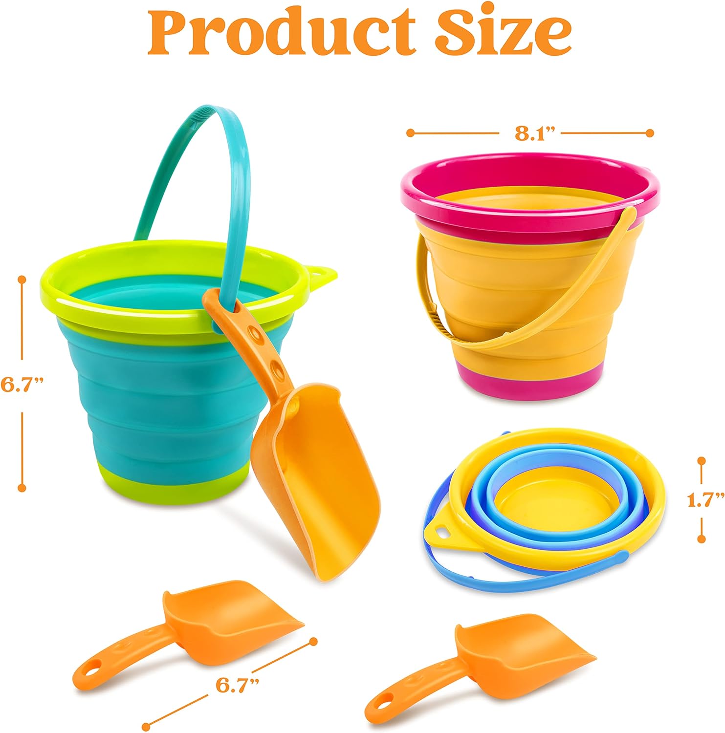 3Pcs Collapsible Beach Toy Buckets with Shovels - Image 5