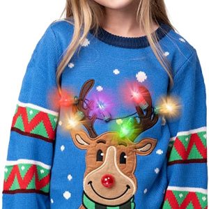 Kid Reindeer Ugly Blue Sweater with Light Bulbs