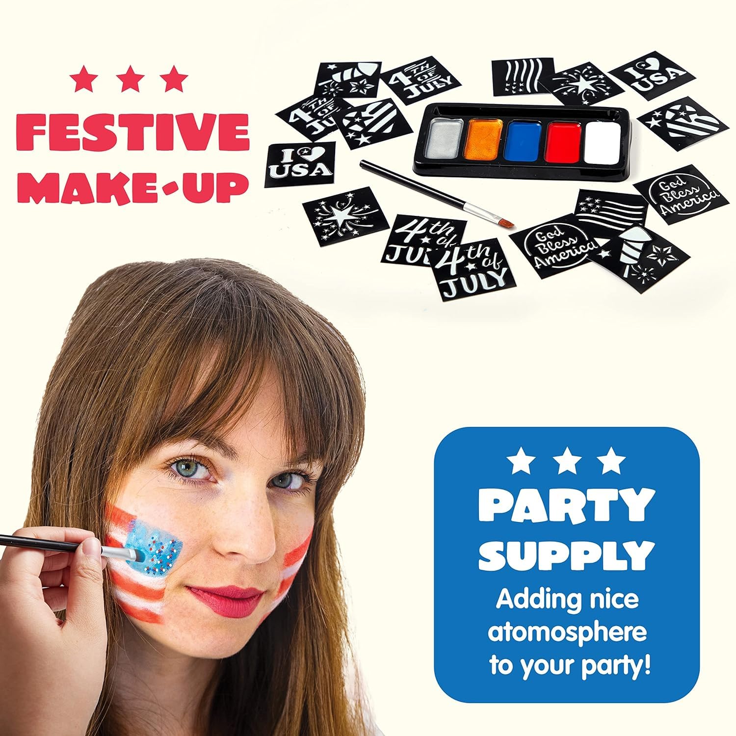 JOYIN 5 Colors Patriotic Face Body Paint Kit with Glitter and 16 Pcs Stencils Sticker for Kids, 4th of July Face Paint Red White Blue Make Up for Independence Day, Memorial Day Party, Veterans Day - Image 4