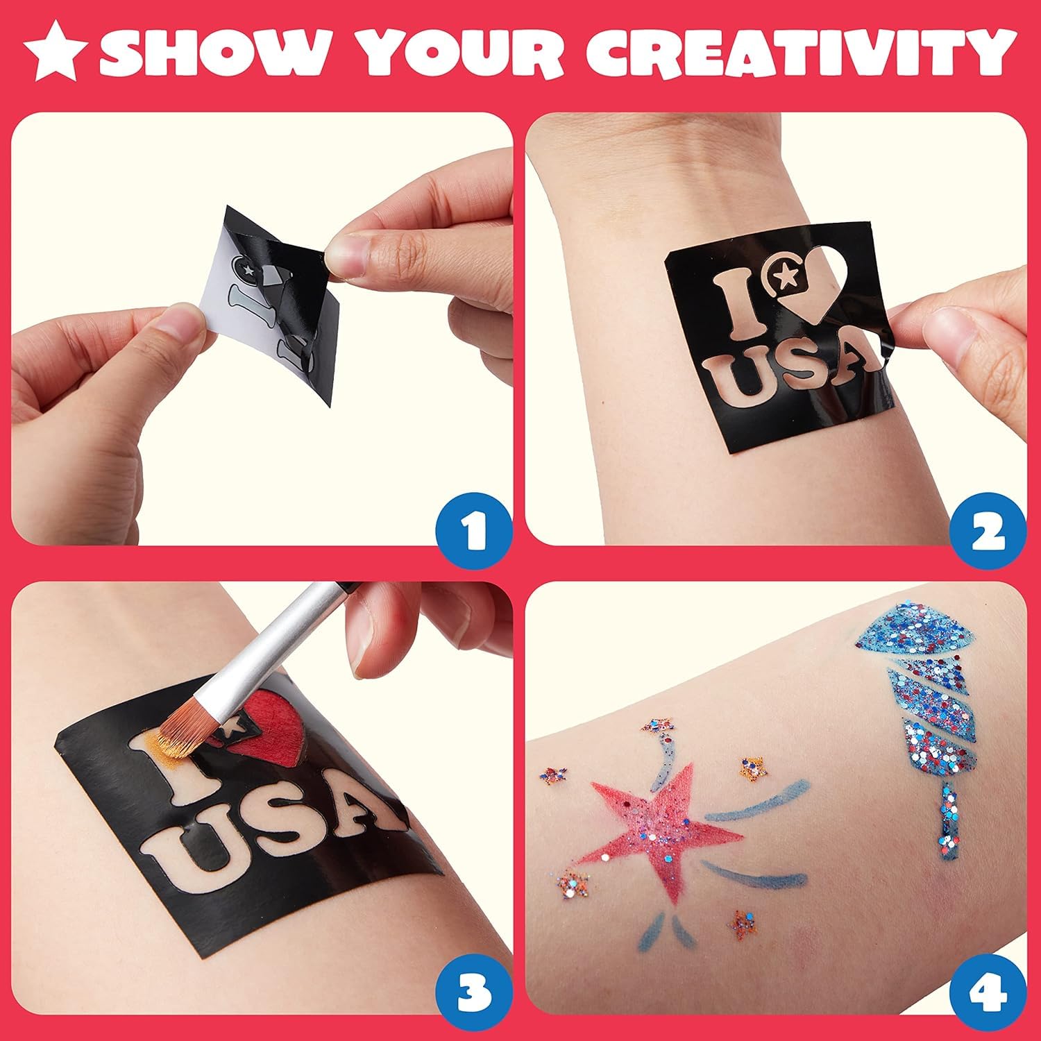 JOYIN 5 Colors Patriotic Face Body Paint Kit with Glitter and 16 Pcs Stencils Sticker for Kids, 4th of July Face Paint Red White Blue Make Up for Independence Day, Memorial Day Party, Veterans Day - Image 5