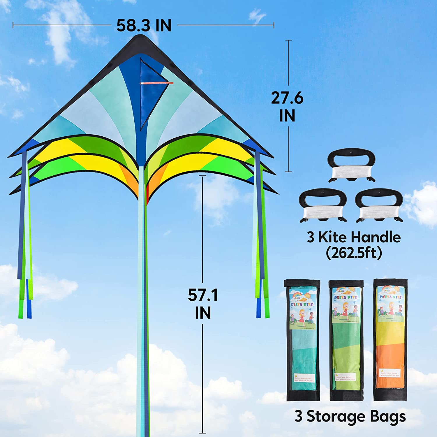 3Pcs Big Delta Kite (Green & Blue & Rainbow) with 262.5ft Kite String - Image 7