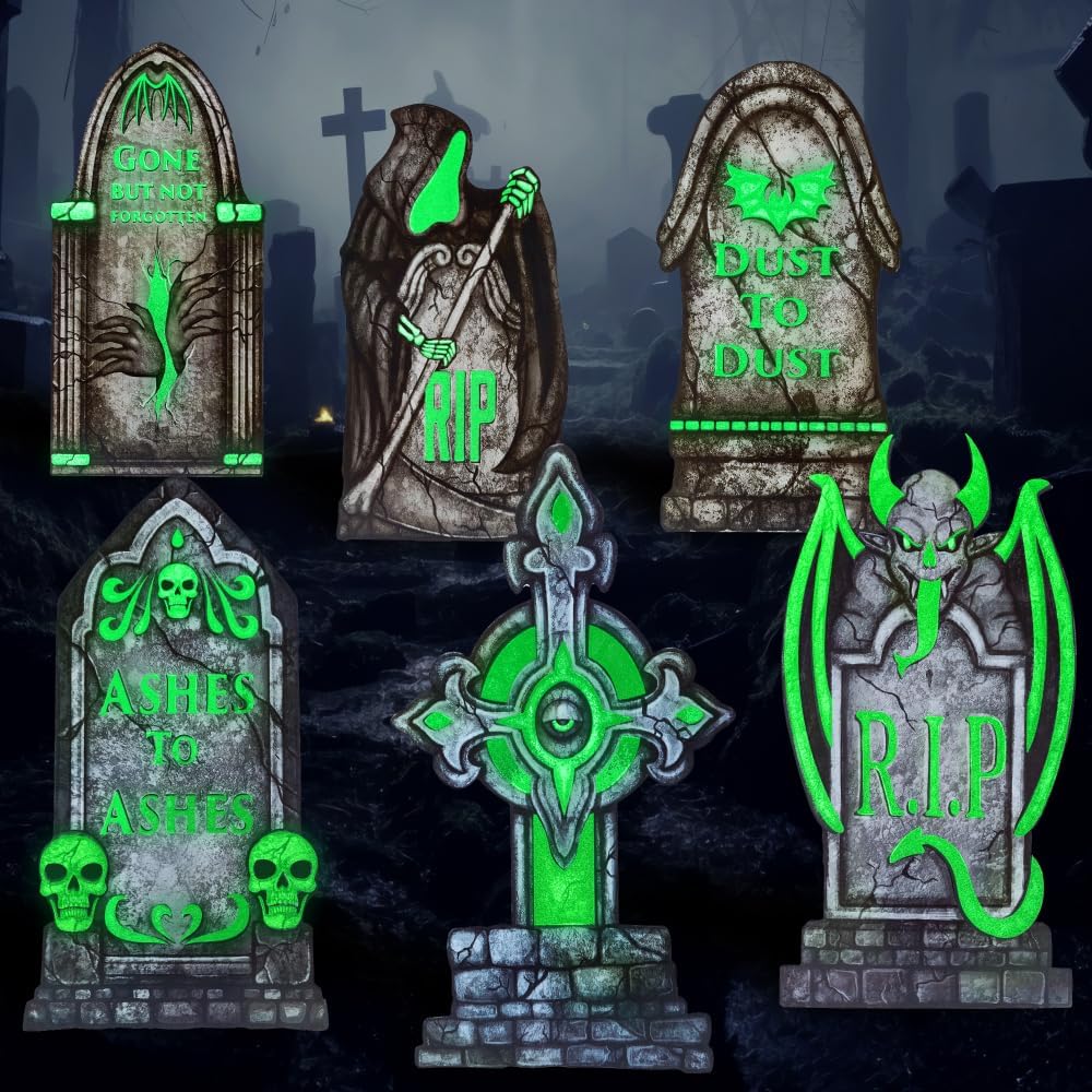 16in Halloween Graveyard Tombstones Fluorescent, 6 Pcs