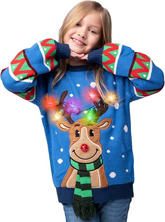Kid Reindeer Ugly Blue Sweater with Light Bulbs - Image 5