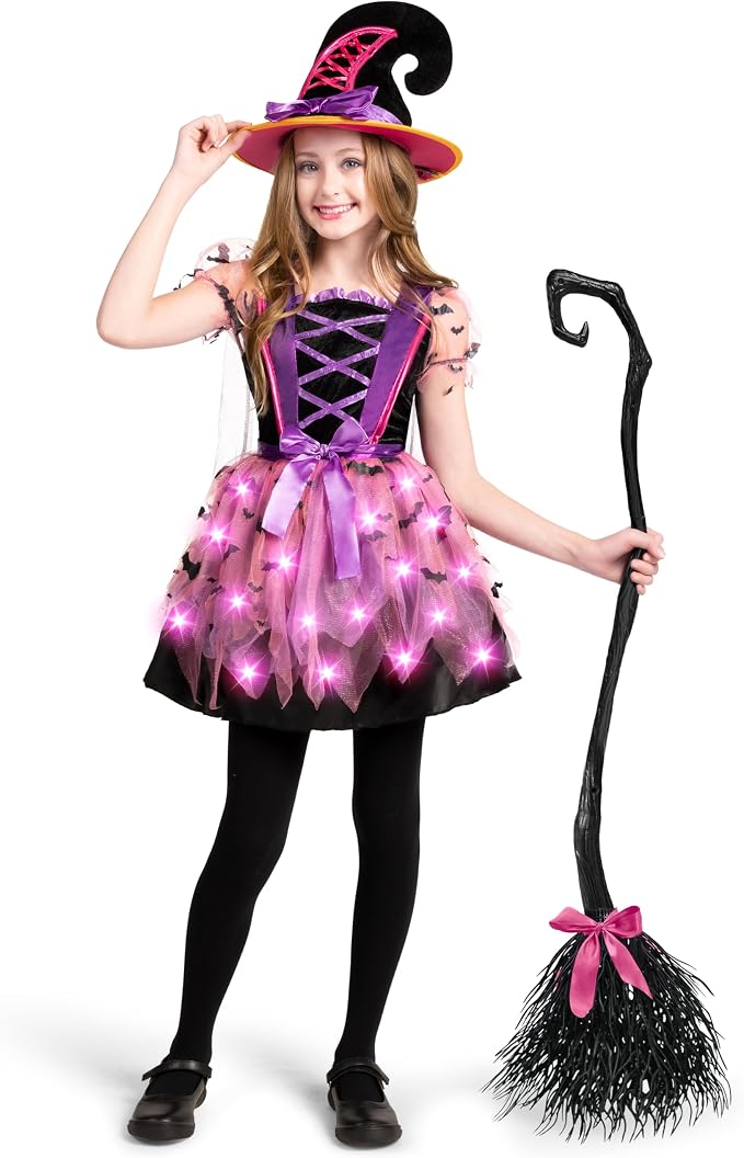 JOYIN Girls Light Up Witch Costume - Kids Halloween Set with Hat & Broom - Image 4