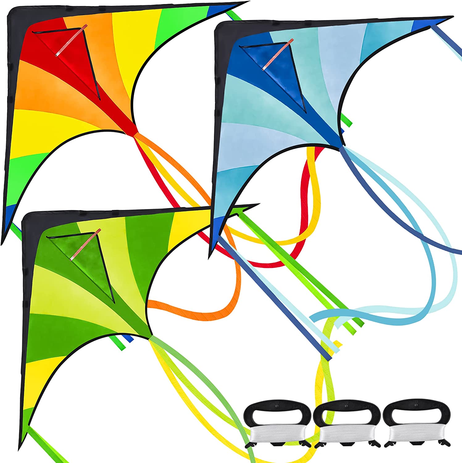 3Pcs Big Delta Kite (Green & Blue & Rainbow) with 262.5ft Kite String