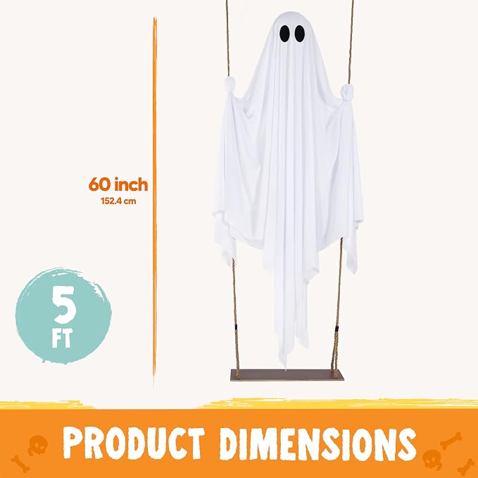 JOYIN 5 FT Hanging Swing Ghost - Light-Up Halloween Outdoor Decoration - Image 3