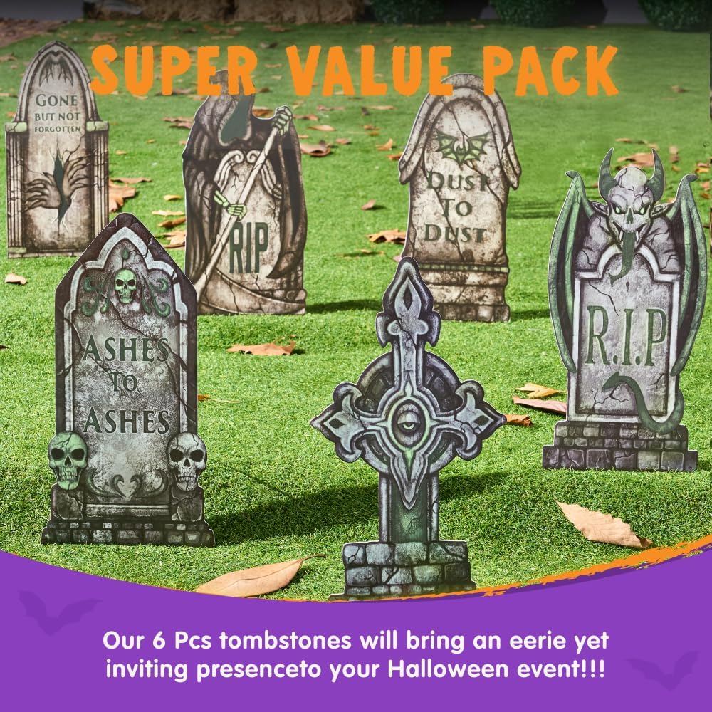 16in Halloween Graveyard Tombstones Fluorescent, 6 Pcs - Image 3