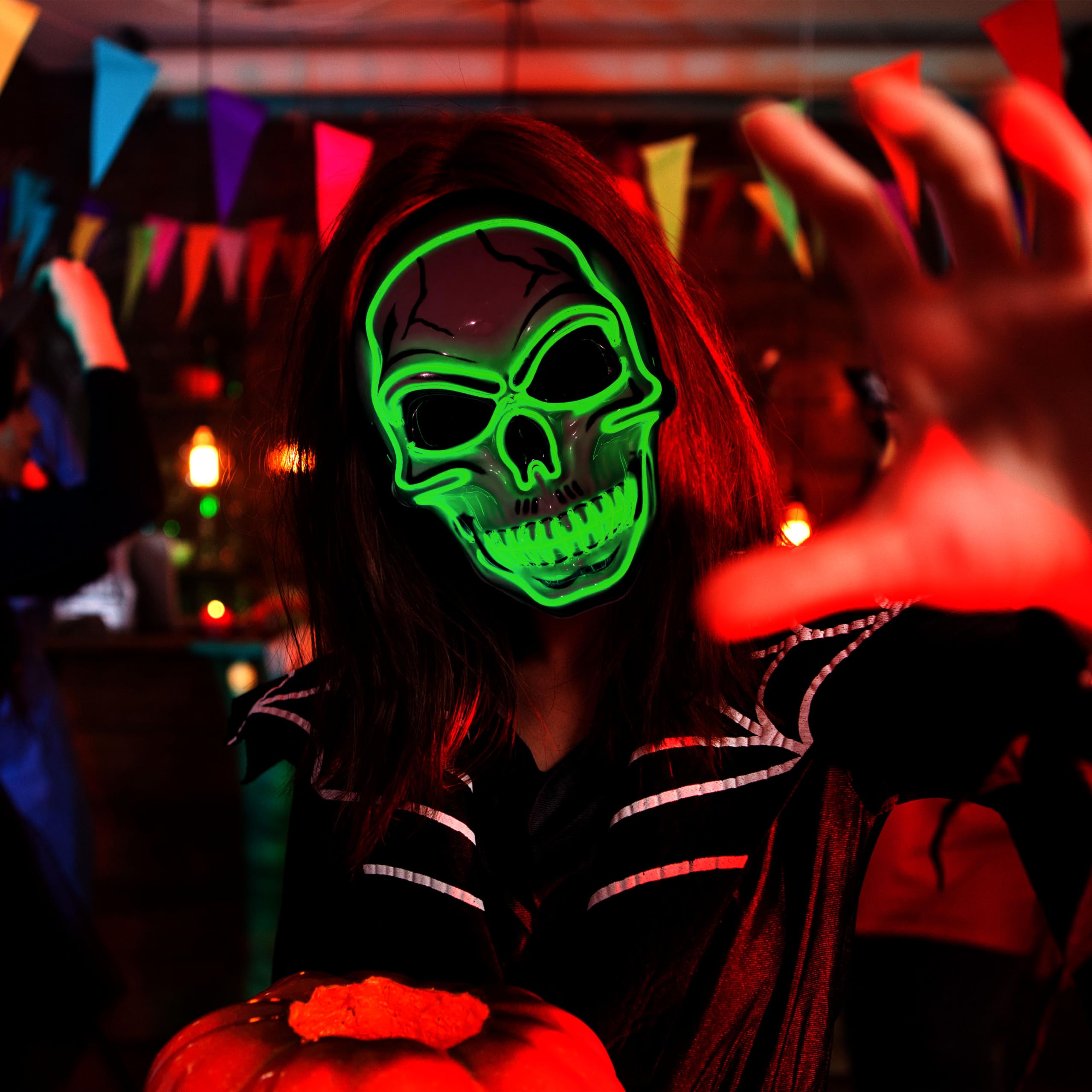 Halloween LED Skull Mask with Light Up Gloves, Green - Image 7